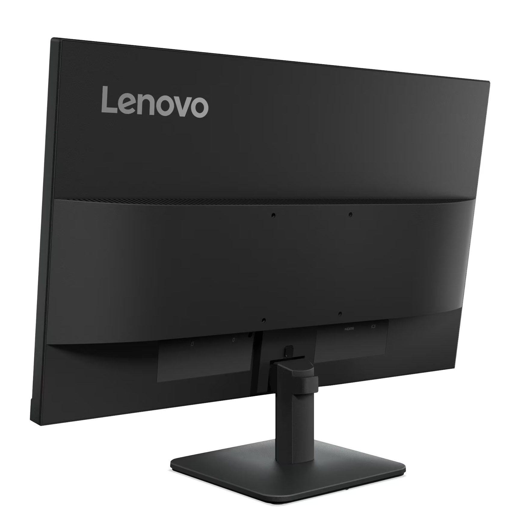 Widok z tyłu czarnego monitora Lenovo, ze stojakiem. Logo Lenovo znajduje się na górze.