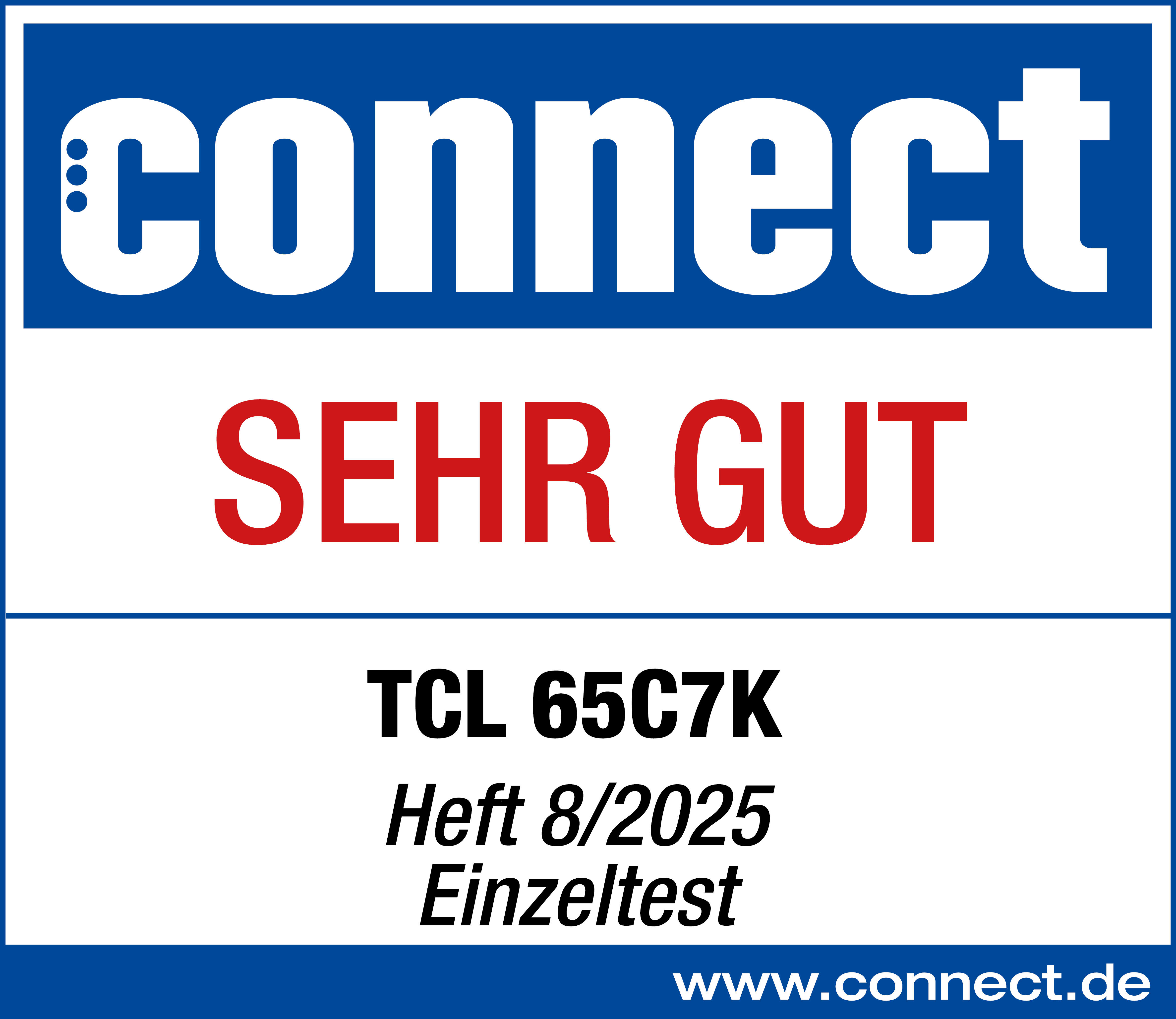 Das Bild zeigt das Wort 'connect' in Weiß, mit 'SEHR GUT' in Rot. Darunter Produktangaben und eine Website-Adresse.