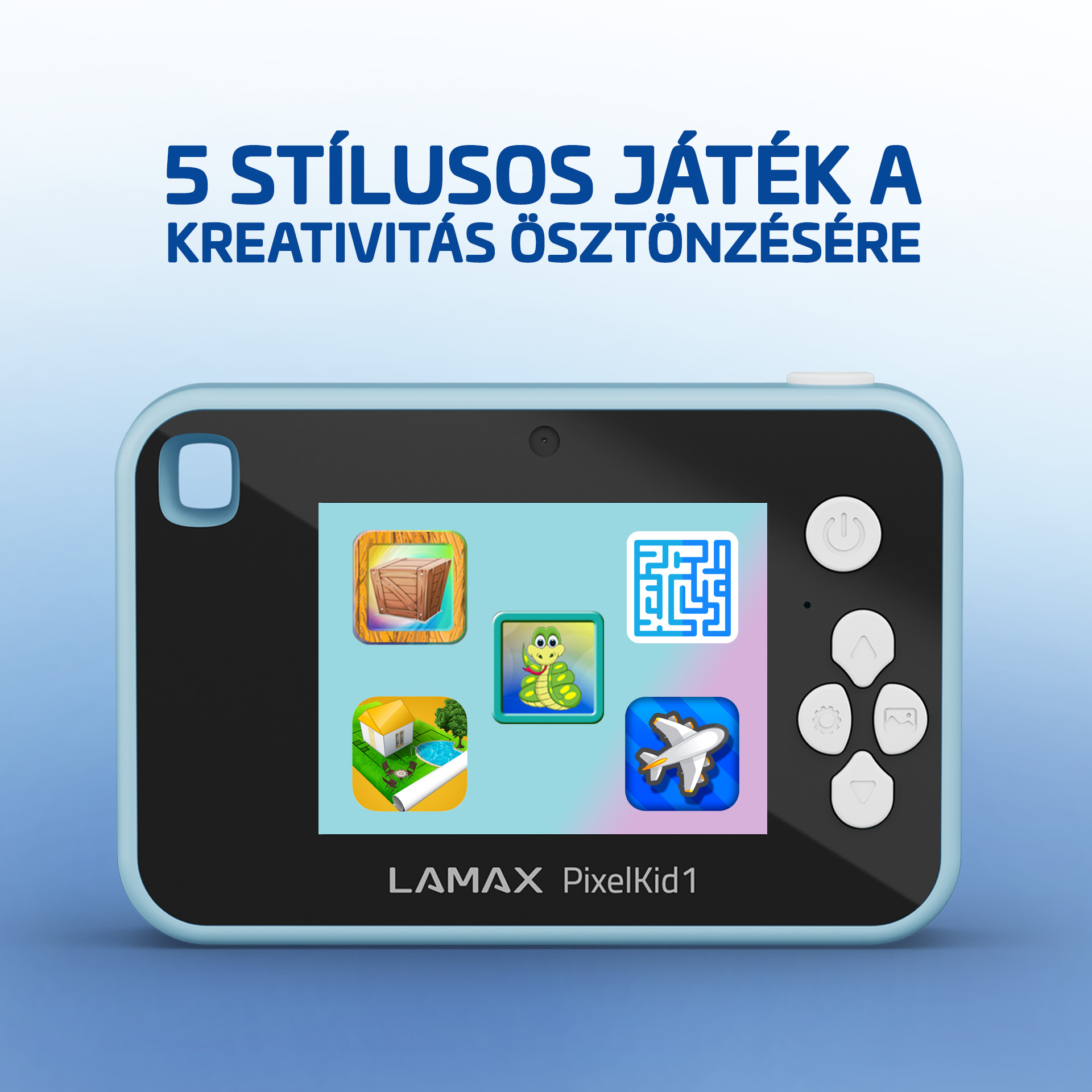 Egy kék kamera játékikonokat mutat. A szöveg azt mondja: '5 stílusos játék a kreativitáshoz'. A márka a Lamax PixelKid1.