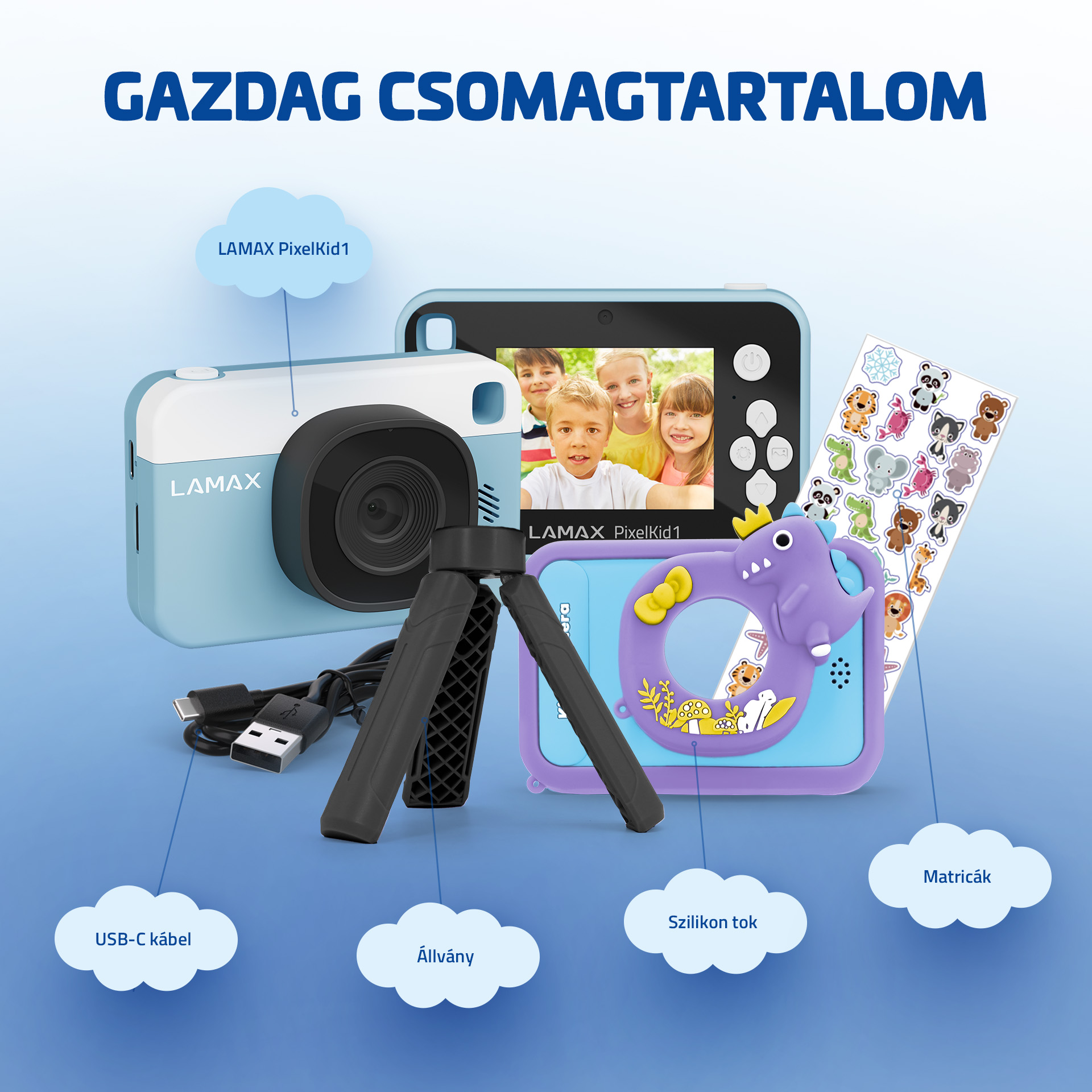 Egy kék-fehér kamera, lila tok, matricák, állvány és USB-kábel látható a képen.