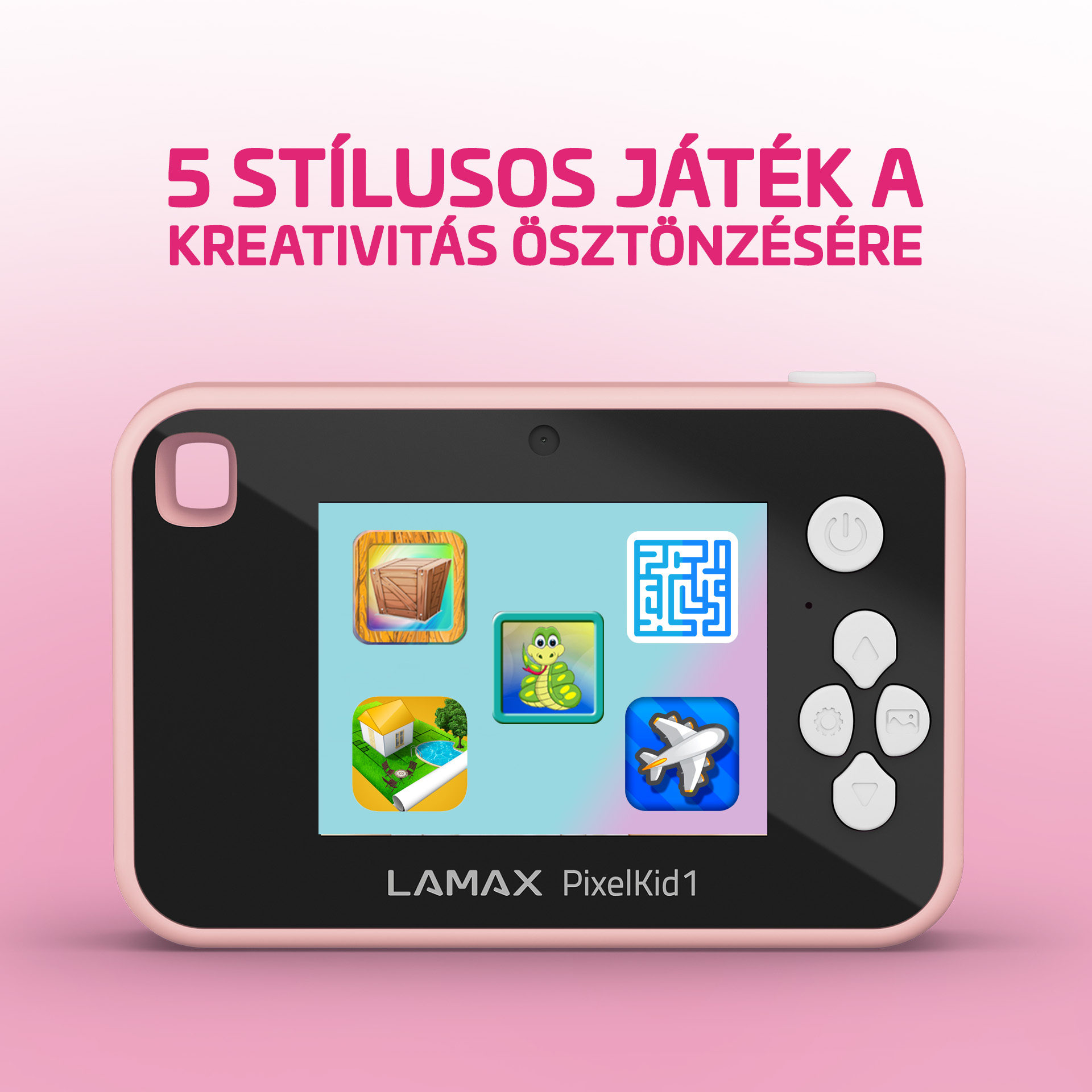 Rózsaszín gyerek kamera, játékképekkel a képernyőn. A felirat: '5 stílusos játék a kreativitás ösztönzésére'.