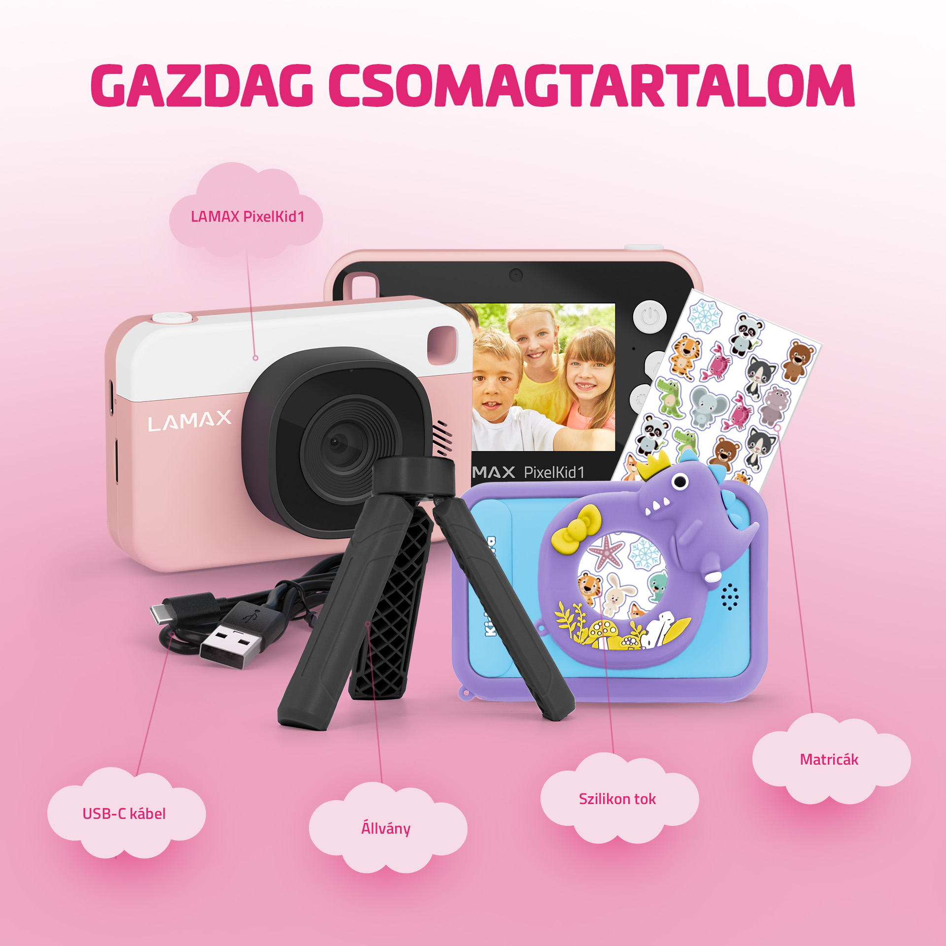 Rózsaszín-fehér kamera fekete objektívvel, állvánnyal, USB-kábellel és lila szilikon tokkal matricákkal.