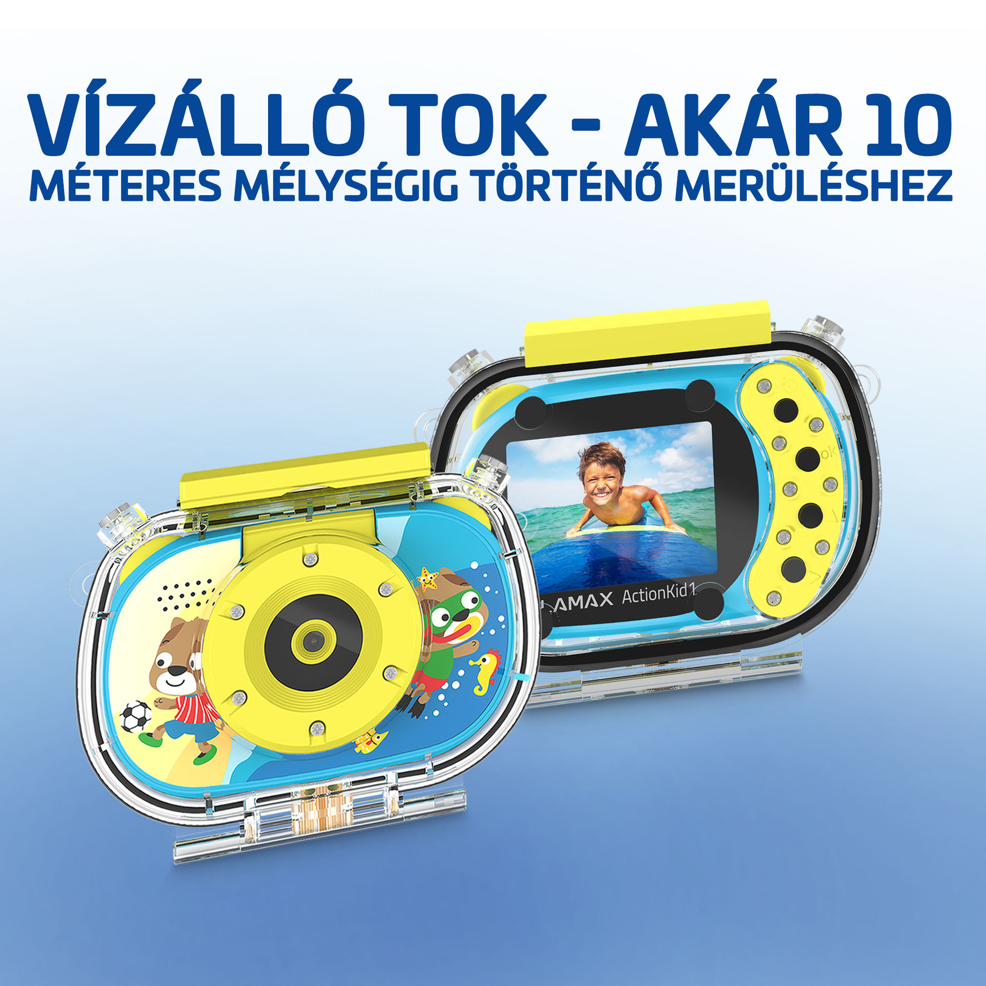Két vízálló kamera sárga díszítéssel, az egyiken szörfös látható, a másikon rajzfilmfigurák, kék háttér előtt.