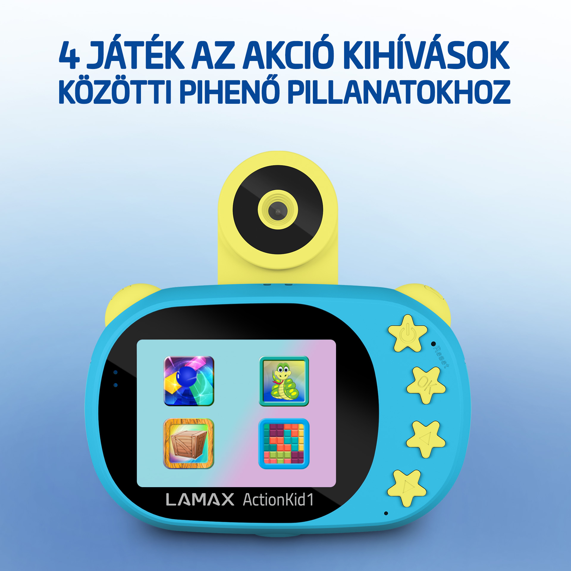 Egy kék-sárga digitális kamera, négy játékikonnal. A szöveg: '4 játék a pihenő pillanatokhoz'.