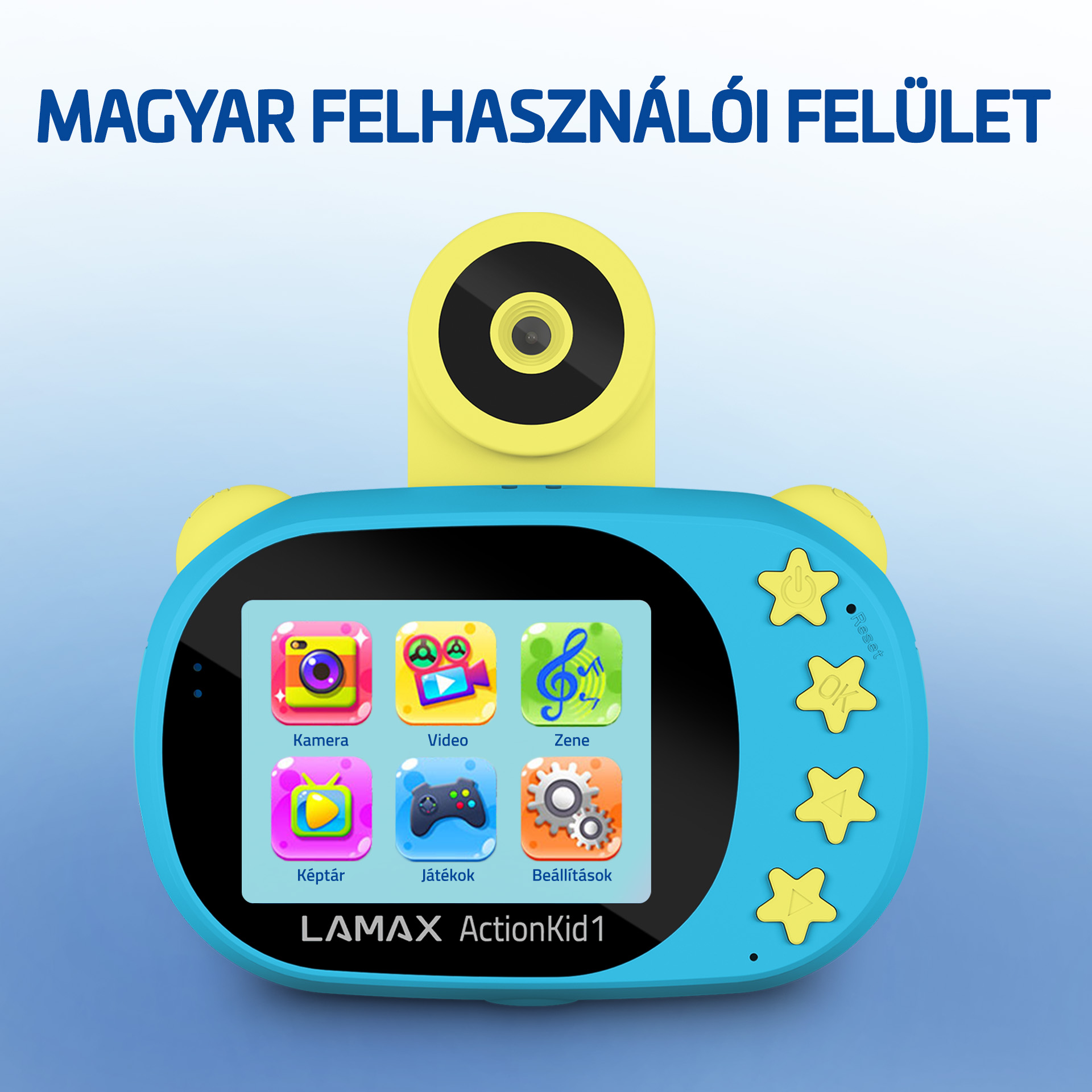 Kék-sárga gyerek kamera, képernyővel. Felül a szöveg: 'Magyar Felhasználói Felület'.