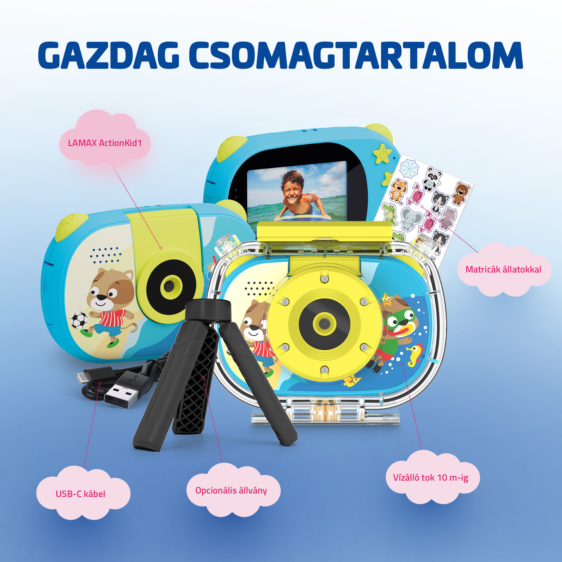 A képen egy kék-sárga gyerek kamera látható, kiegészítőkkel: matricák, állvány, vízálló tok.