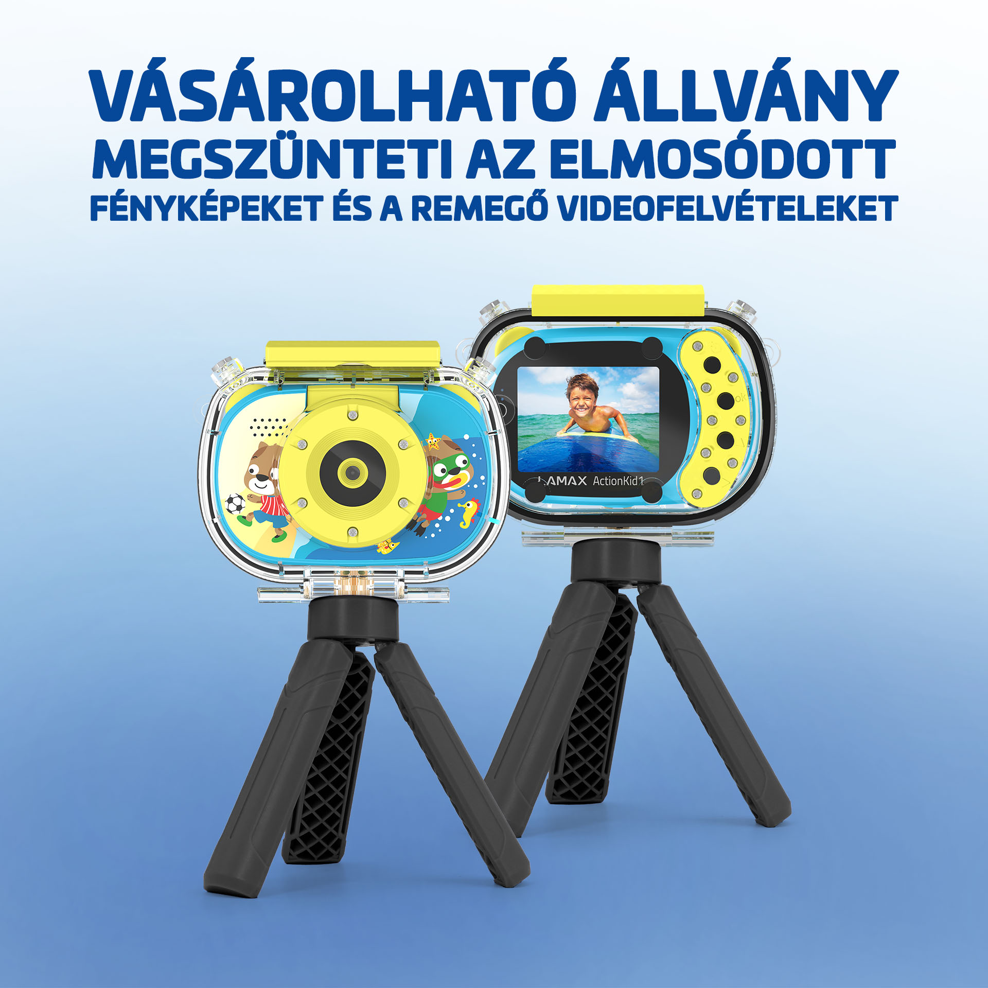 Két sárga-kék kamera fekete állványokon. Az egyiken egy szörföző gyerek, a másikon egy rajzfilmfigura látható.