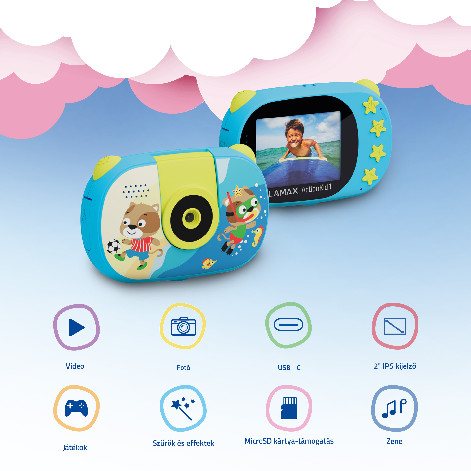 Két kék játék kamera látható. Az egyiken egy szörföző fiú látható. Ikonok jelzik a videót, fotót, USB-t, képernyőt, játékokat, szűrőket, SD kártyát és zenét.