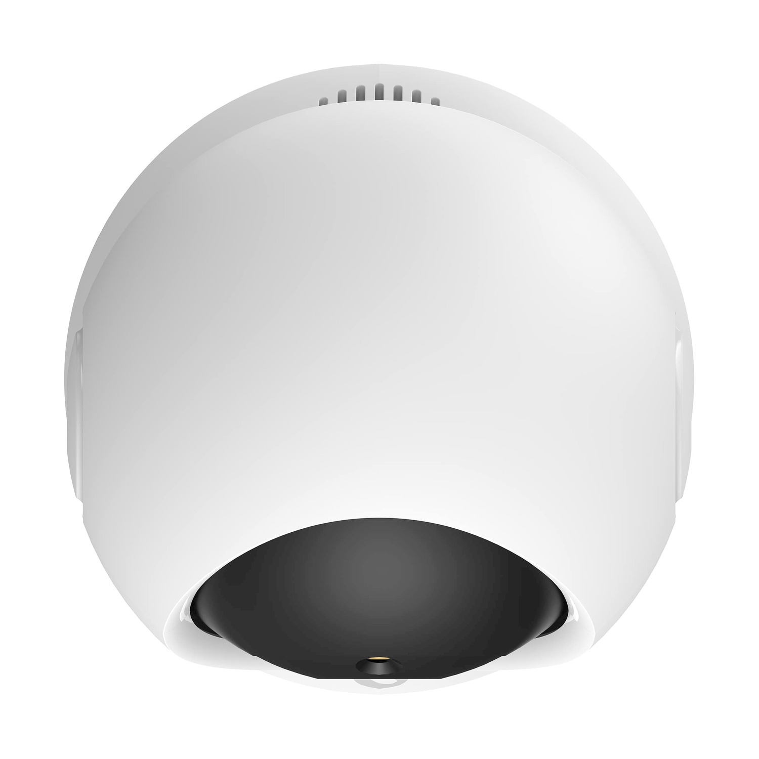 Un dispositivo bianco e arrotondato con una base nera e curva. Ha piccole fessure di ventilazione in alto e una lente in basso.