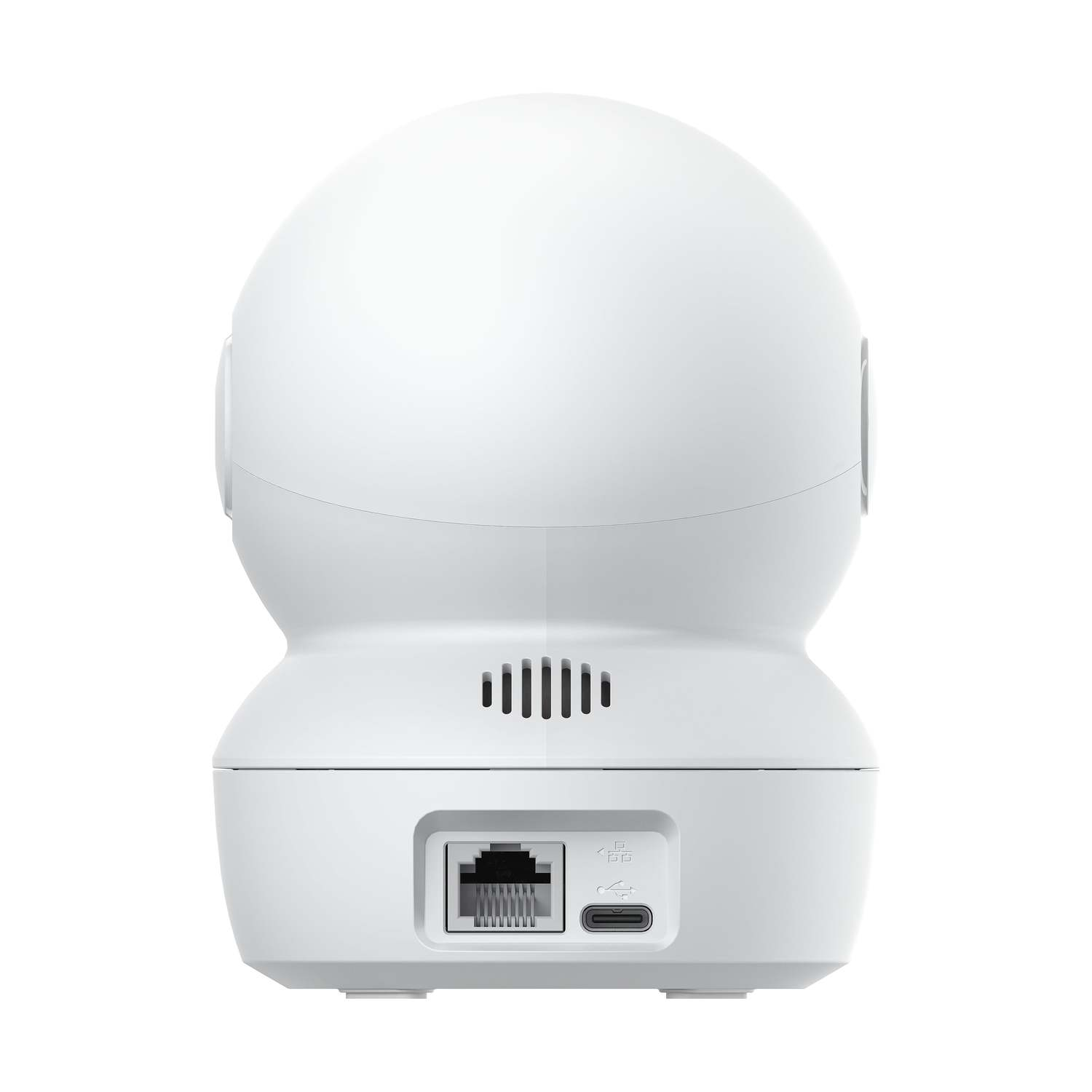 Una telecamera di sicurezza bianca con una parte superiore a forma di uovo e una base rettangolare. Ha una porta Ethernet, una porta USB e diverse spie.