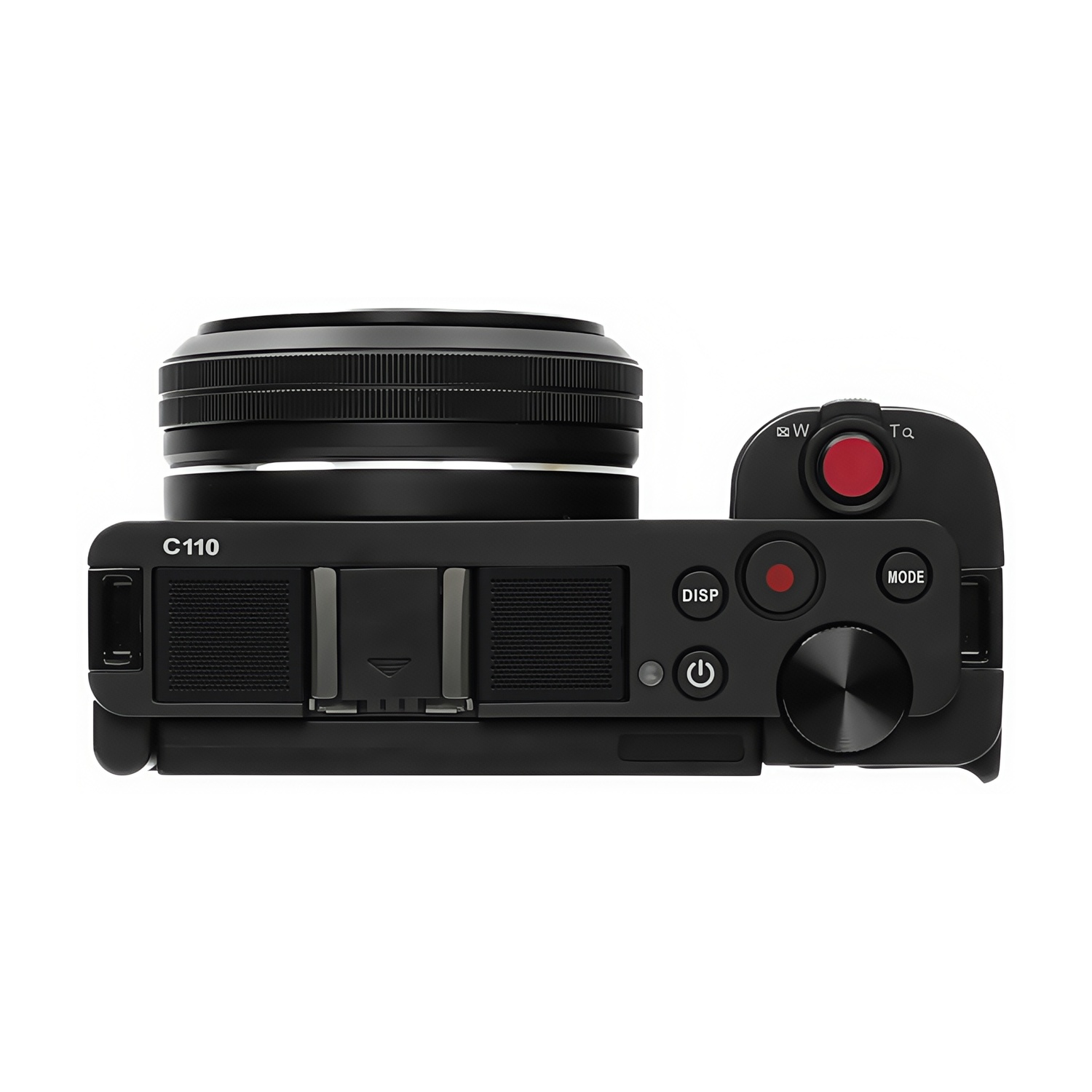Fotocamera nera con obiettivo, pulsanti e pulsante di registrazione rosso. La fotocamera ha "C110" sul davanti.
