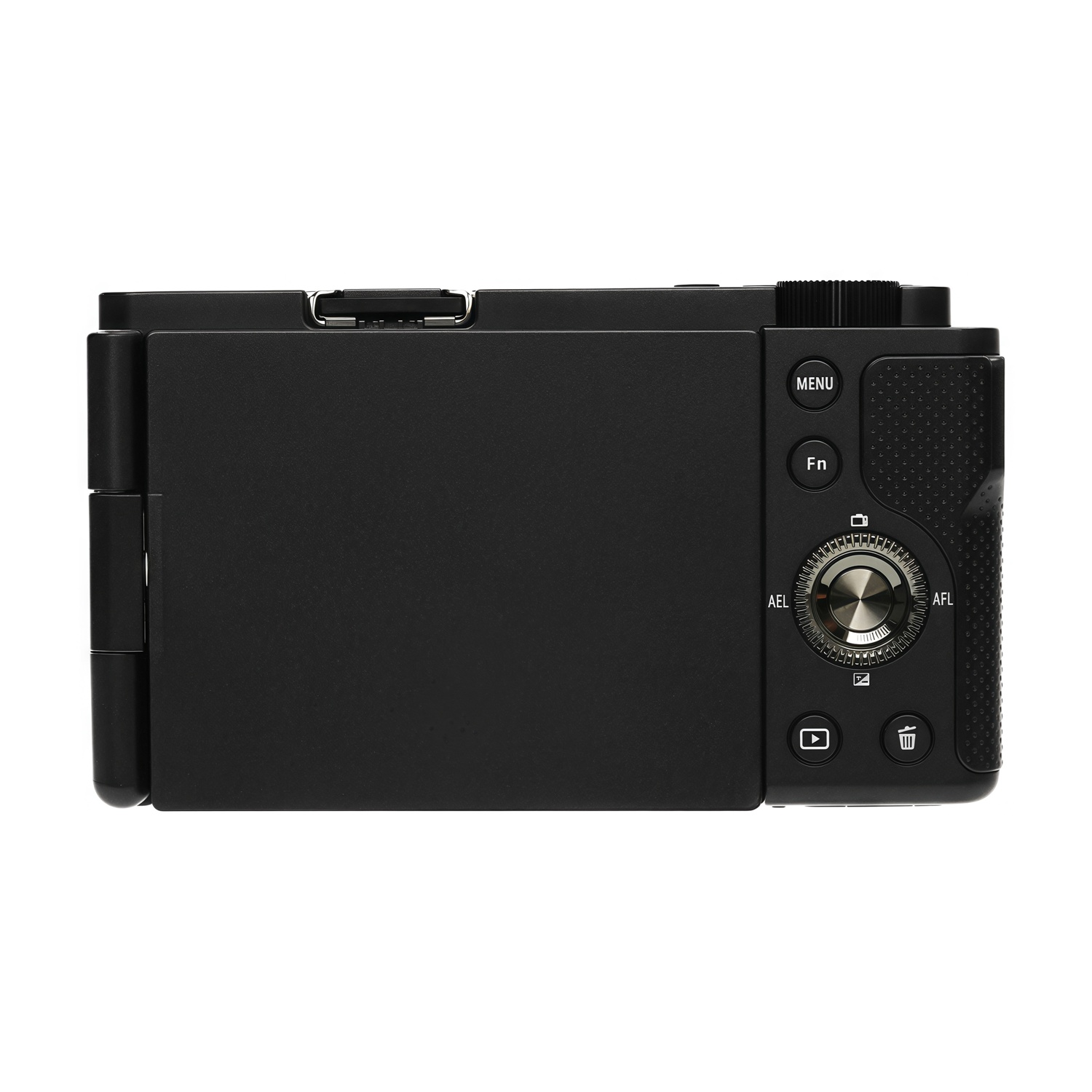 Una fotocamera digitale nera viene visualizzata orizzontalmente. Ha uno schermo, pulsanti e un quadrante. La fotocamera è su sfondo bianco.