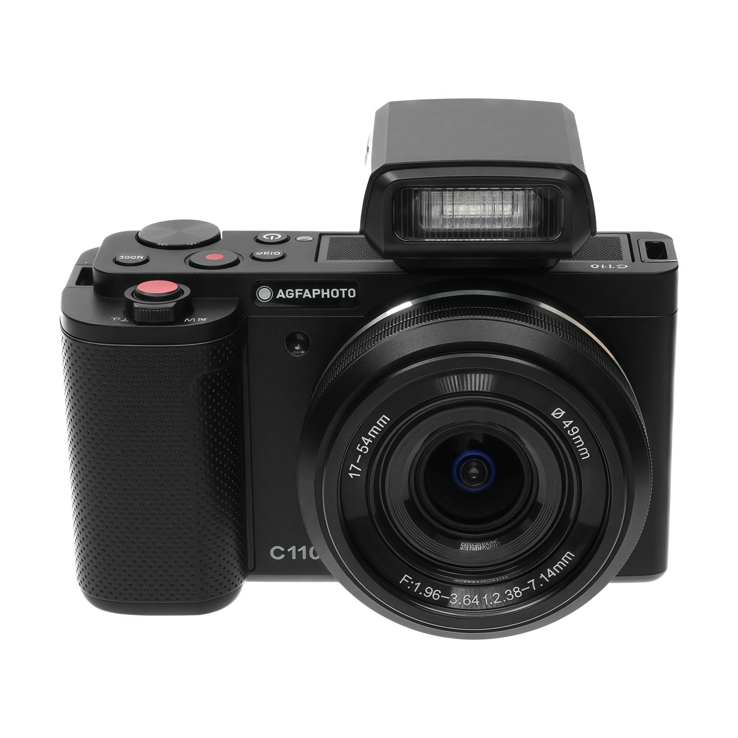 Una fotocamera Agfaphoto C110 nera con flash su sfondo bianco. L'obiettivo è al centro. La fotocamera ha dei pulsanti.