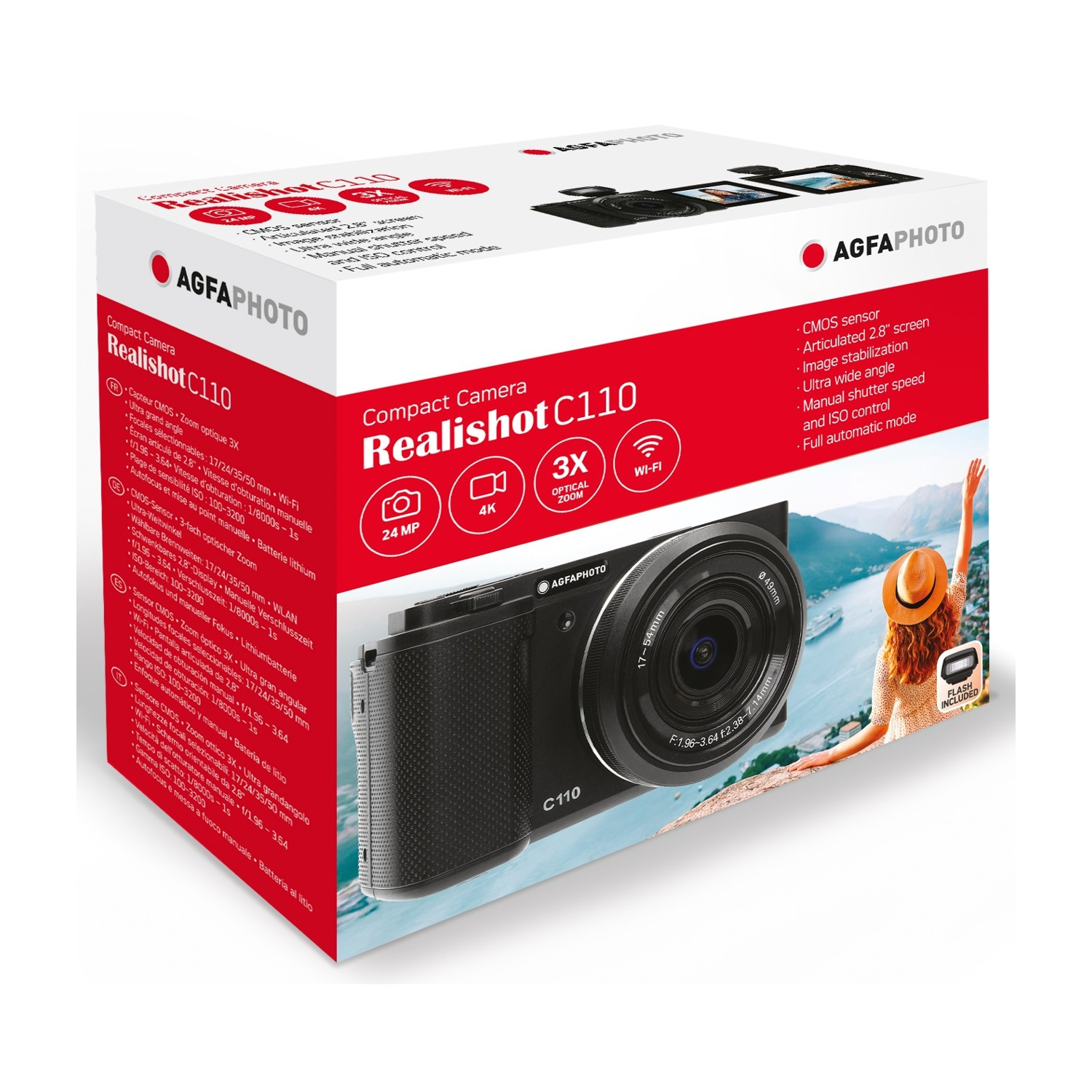 Una scatola per fotocamera con l'immagine di una fotocamera, caratteristiche e una donna sulla spiaggia. Il marchio è AGFAPHOTO.