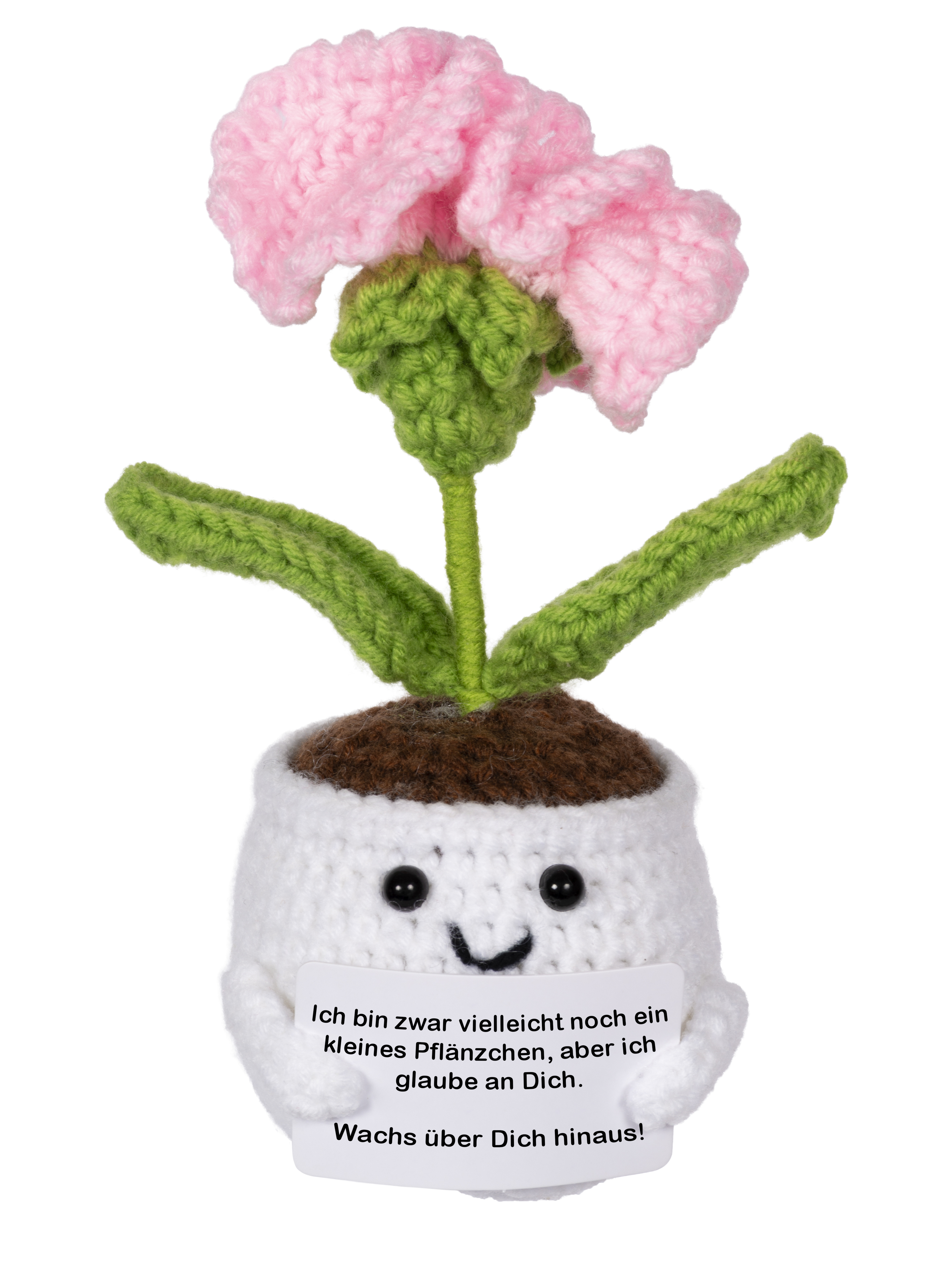 Gehäkelte Blume mit rosa Blütenblättern, grünen Blättern und einem lächelnden Topf mit einem Schild: 'Ich glaube an dich'.