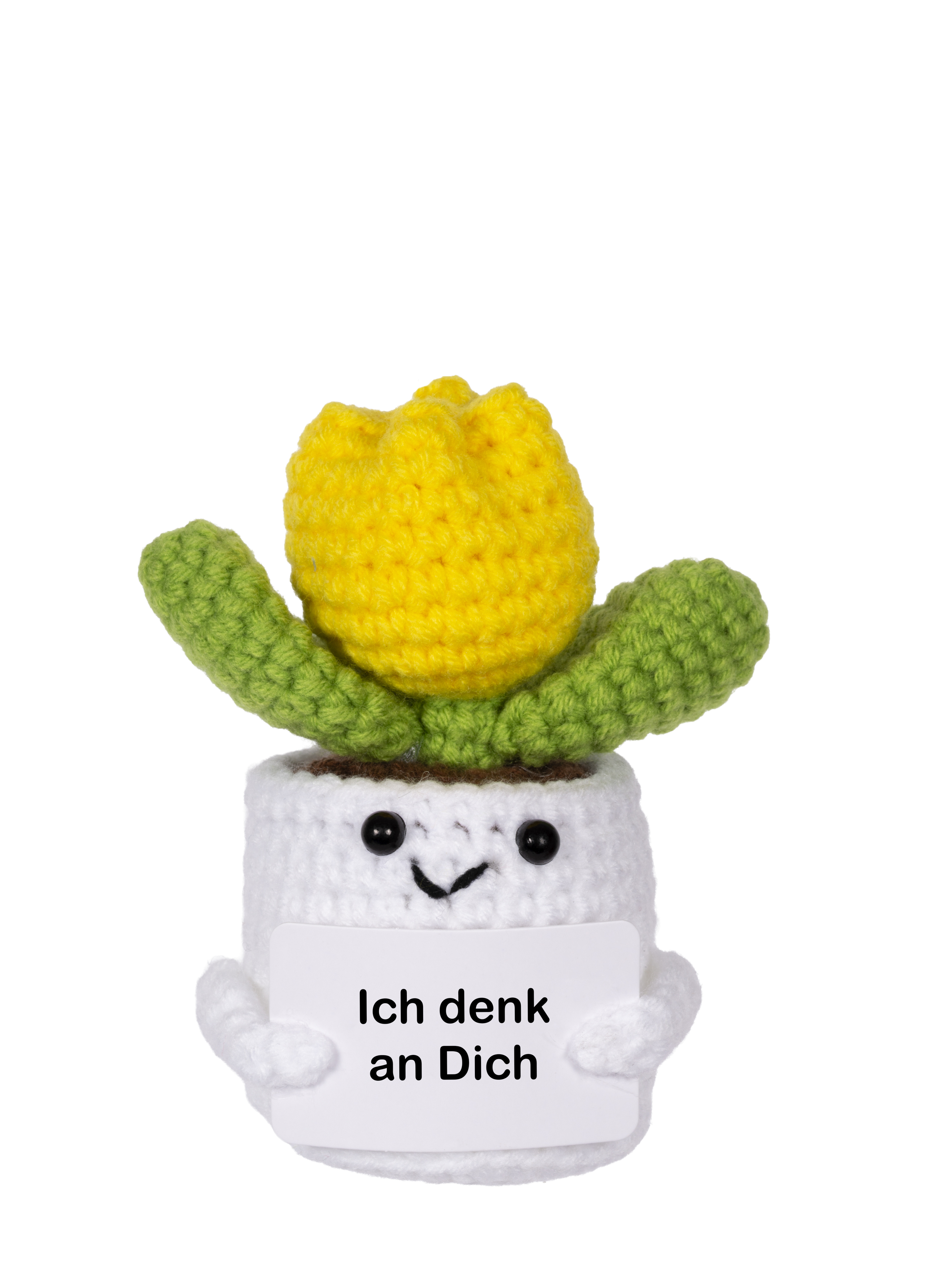 Häkelblumentopf mit lächelndem Gesicht, hält ein Schild mit der Aufschrift 'Ich denk an Dich'.