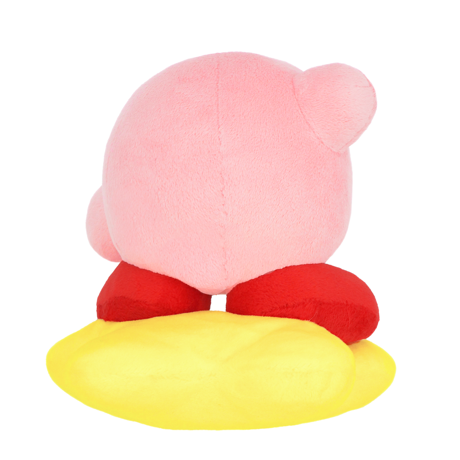 Ein rosa Kirby-Plüschtier mit roten Füßen steht auf einer gelben, wolkenförmigen Basis. Der Hintergrund ist weiß.