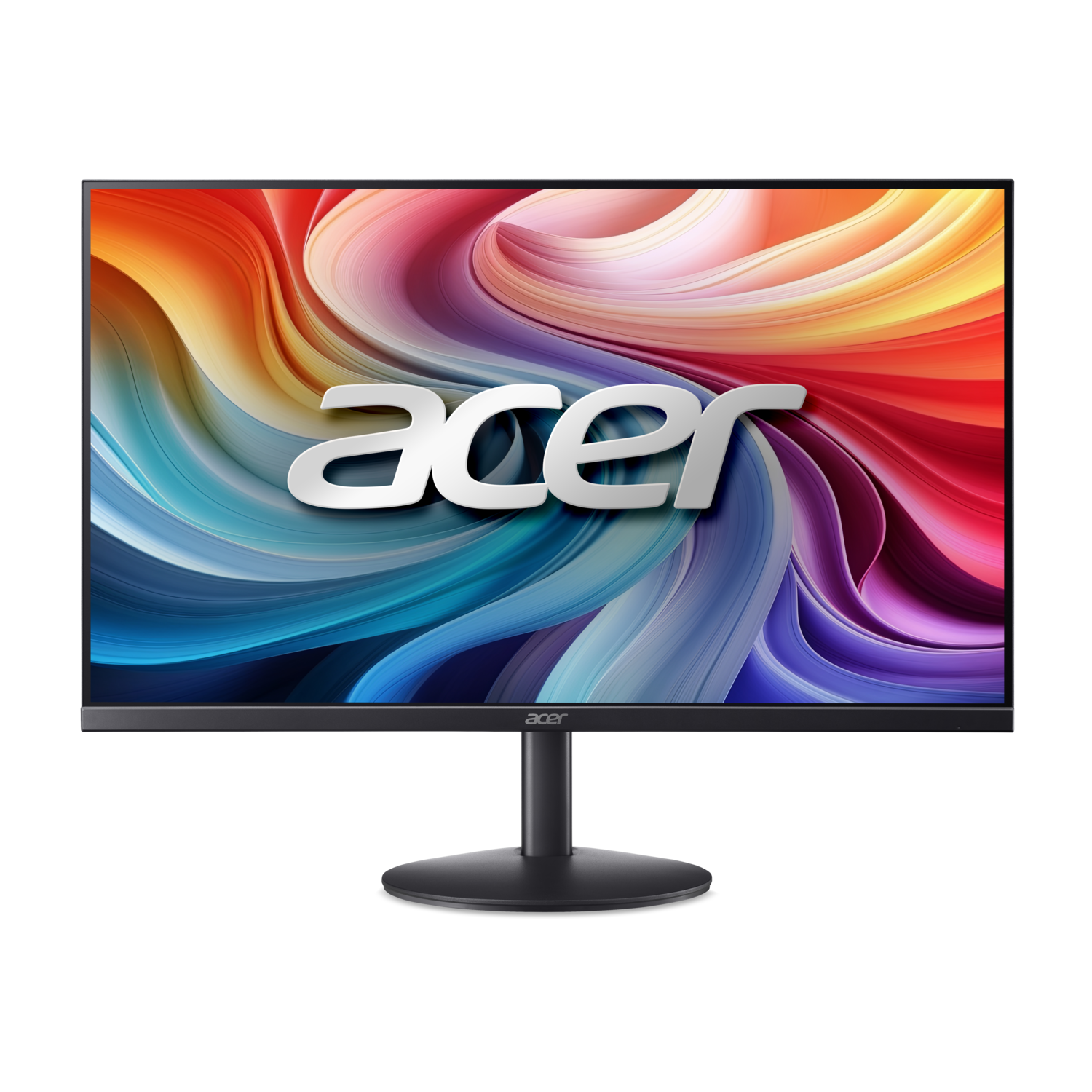 Le moniteur Acer affiche un motif coloré et tourbillonnant. Le logo Acer est en évidence. Le moniteur repose sur une base noire sur fond noir.