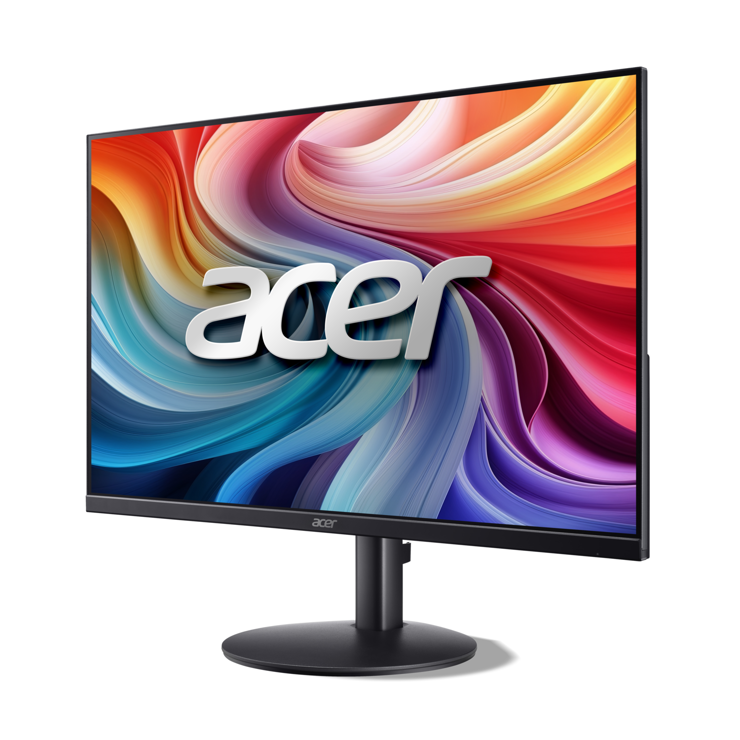 Un moniteur Acer affiche un fond coloré et abstrait. Le logo Acer est bien en vue. Le moniteur a un pied noir, sur fond noir.