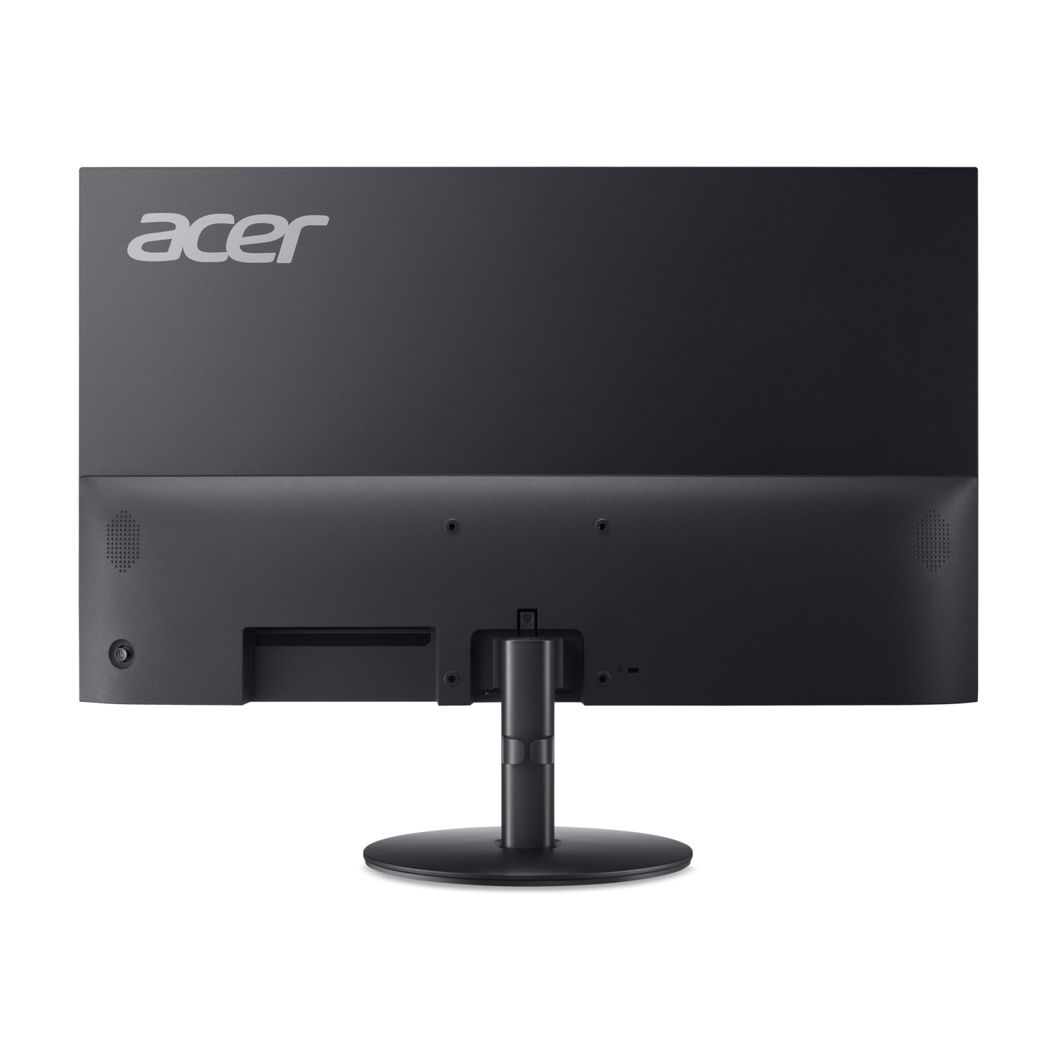 Arrière d'un moniteur Acer noir avec pied. Le logo Acer est en haut. Il possède des ports, des trous de haut-parleur et une base ronde.