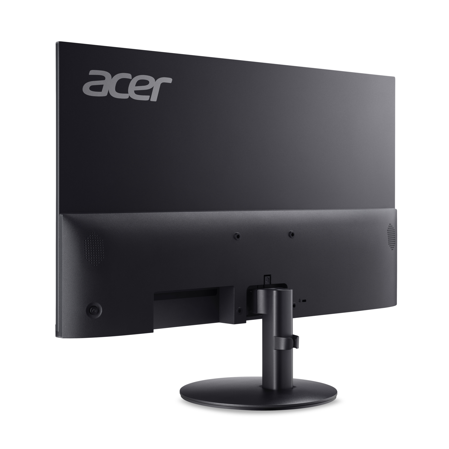 Vue arrière du moniteur Acer noir. Le logo Acer est visible. Le moniteur est sur un pied noir, avec un fond noir.