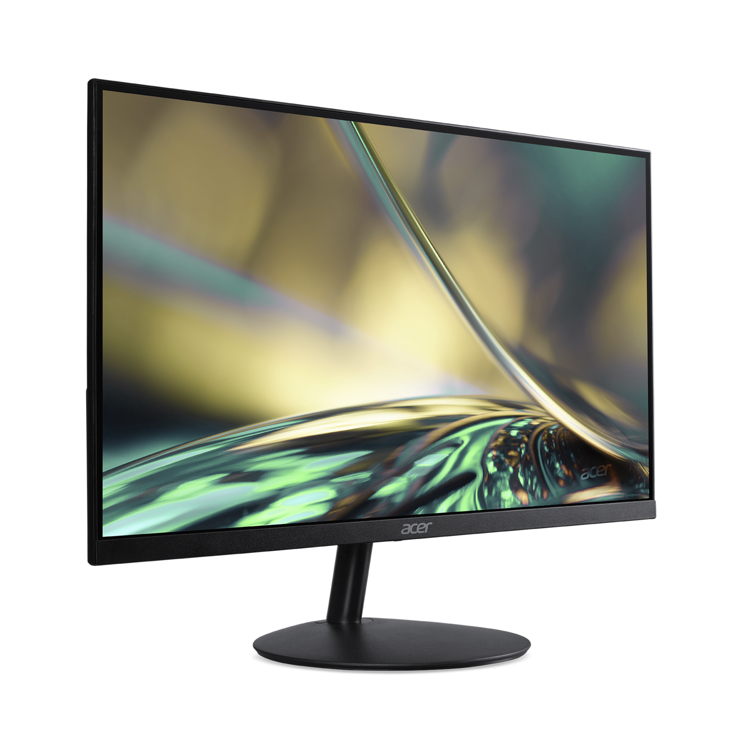 An Acer monitor on a black background. The screen displays a blurred, abstract image in green and yellow tones.