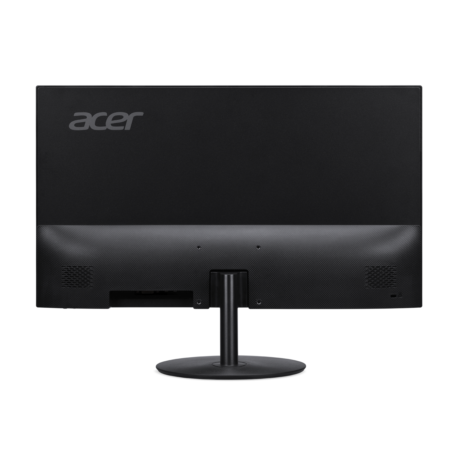 Rear view of a black Acer monitor on a black background. The Acer logo is visible. The monitor has a stand.