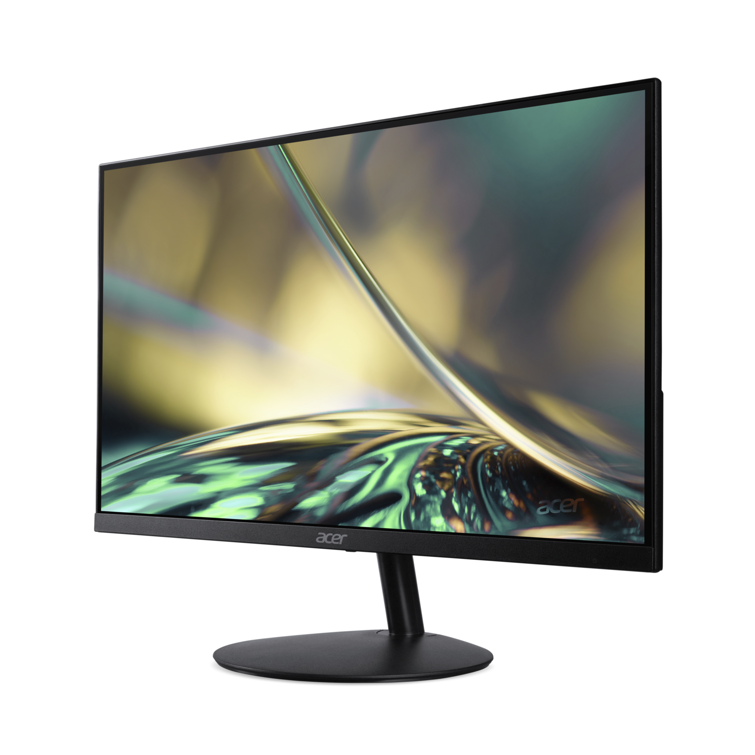 Un écran Acer affiche un art abstrait vert et jaune sur fond noir. L'écran est noir et possède un pied noir.