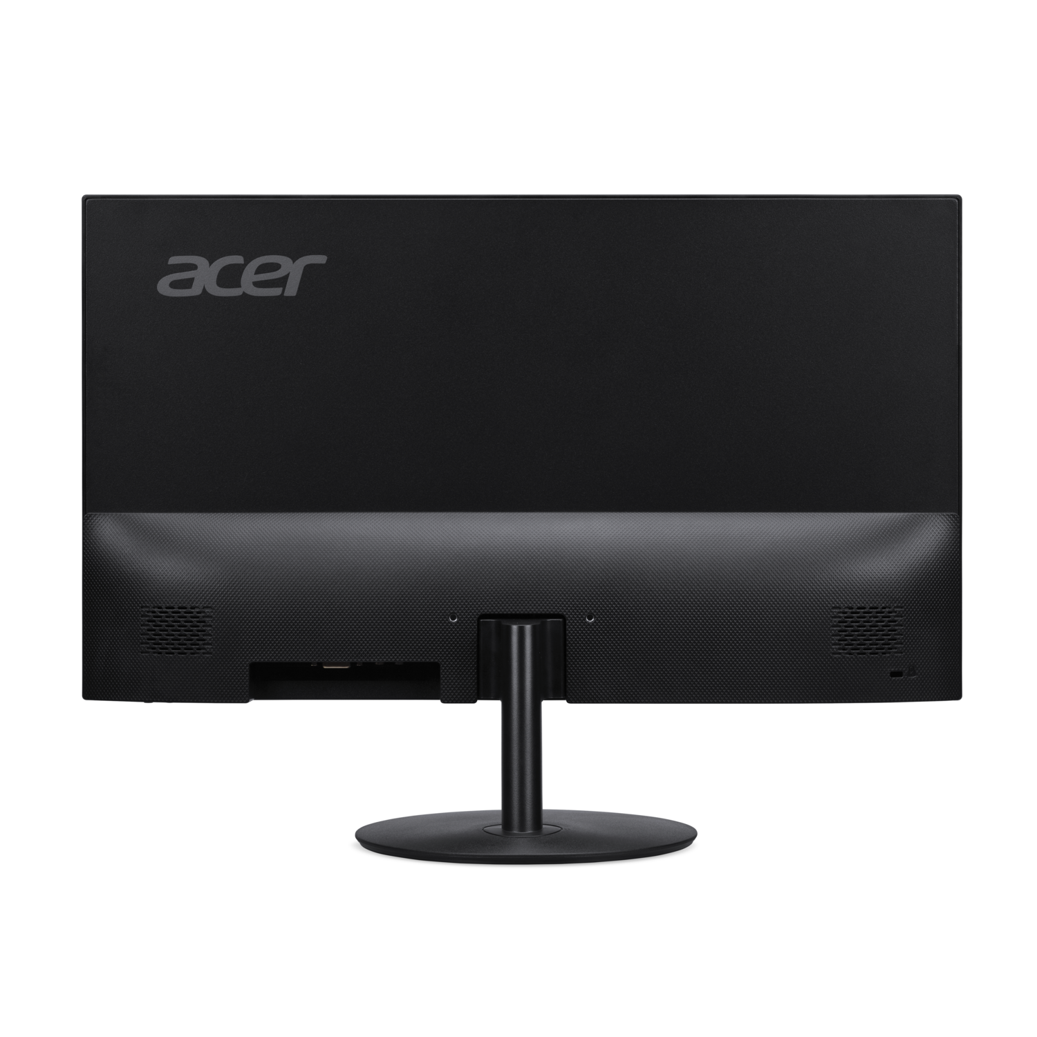 Dos d'un moniteur Acer. Écran noir avec le logo Acer. Le pied est noir et rond. Ports visibles en bas.