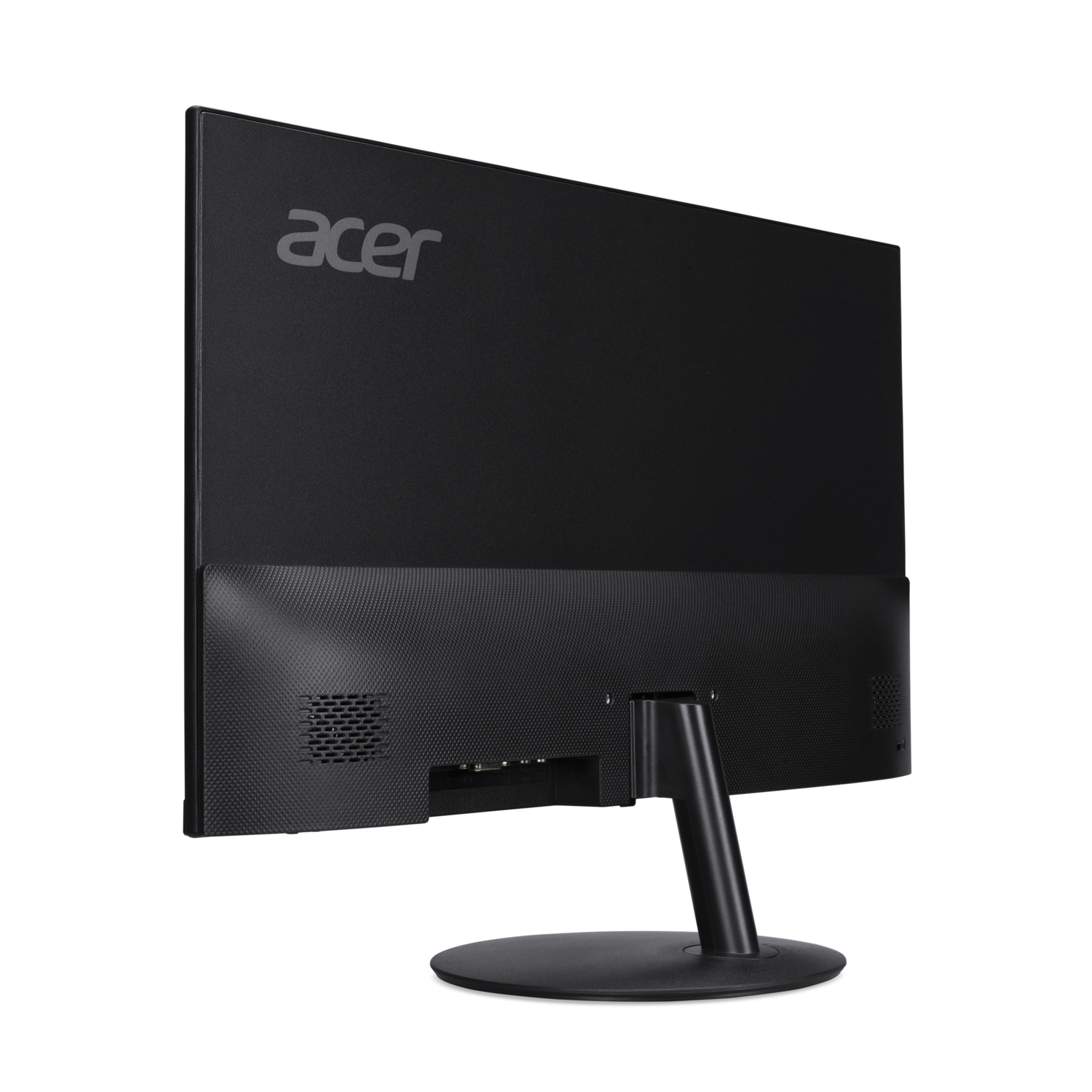 Moniteur Acer noir, vue arrière. Comporte un panneau arrière texturé, un support et le logo Acer. Sur fond noir.