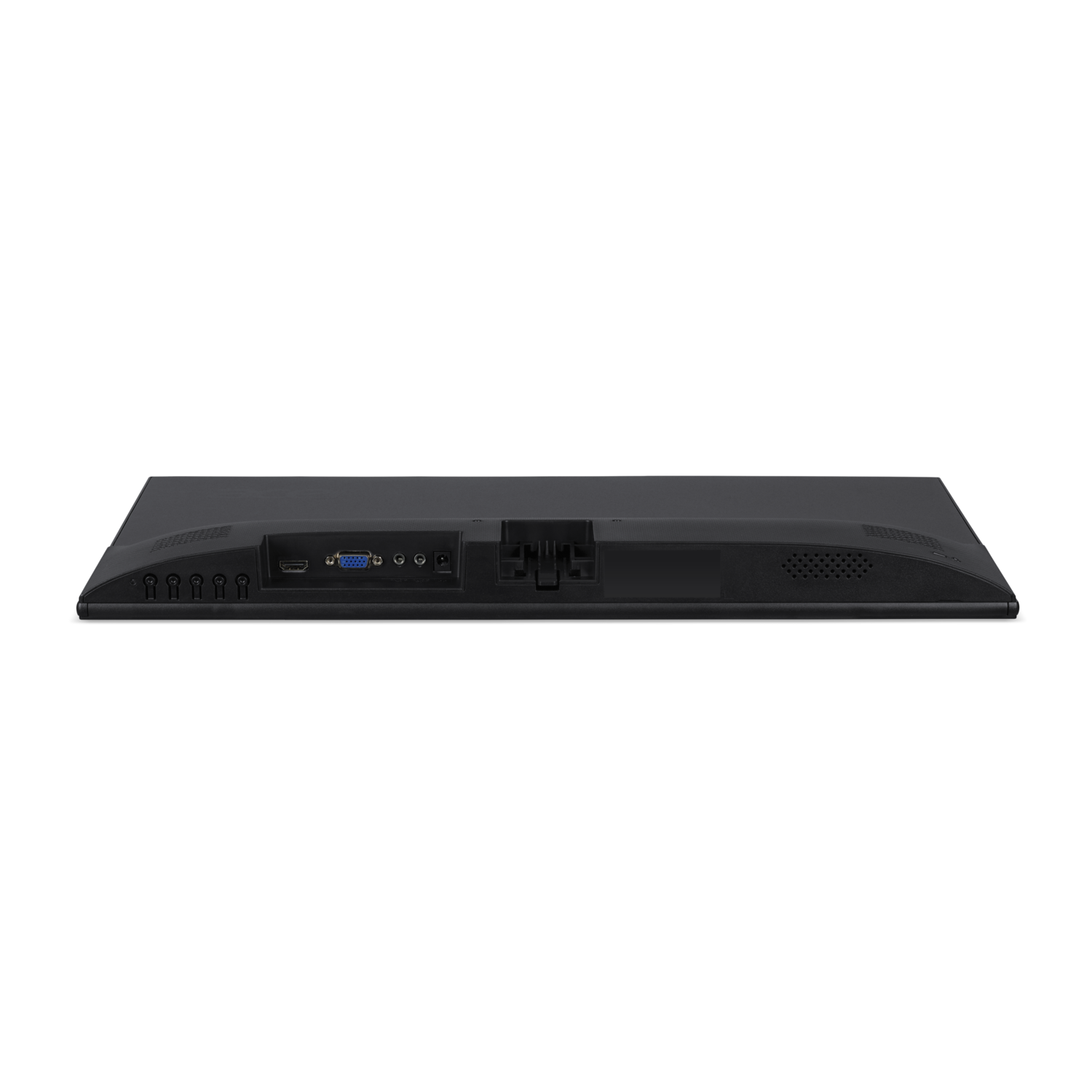 Vue arrière d'un écran d'ordinateur noir sur fond noir. Les ports visibles incluent HDMI, VGA et audio, ainsi qu'une entrée d'alimentation.