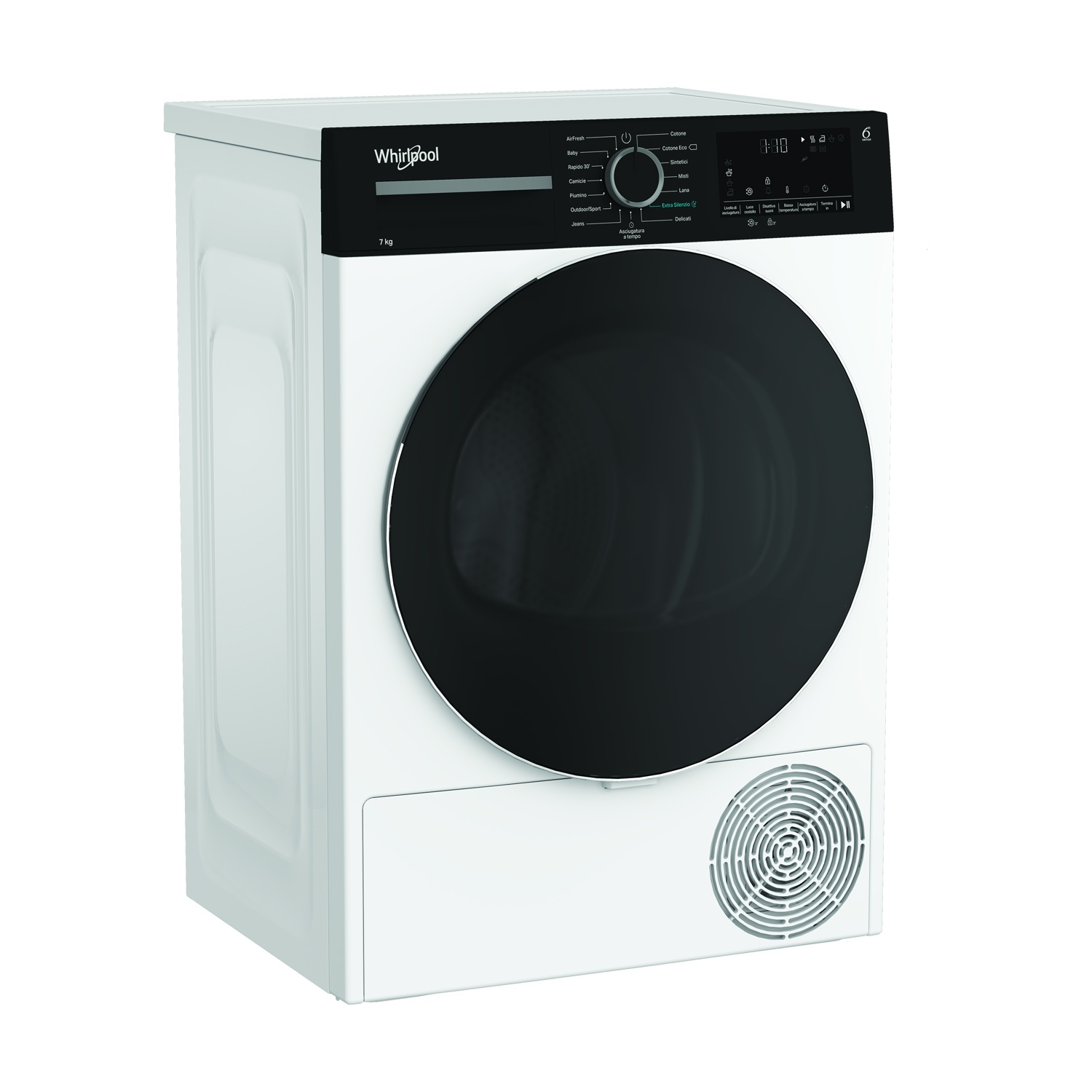 Un'asciugatrice Whirlpool bianca con porta nera. Ha un pannello di controllo con pulsanti e un display digitale. In basso è visibile una ventola.