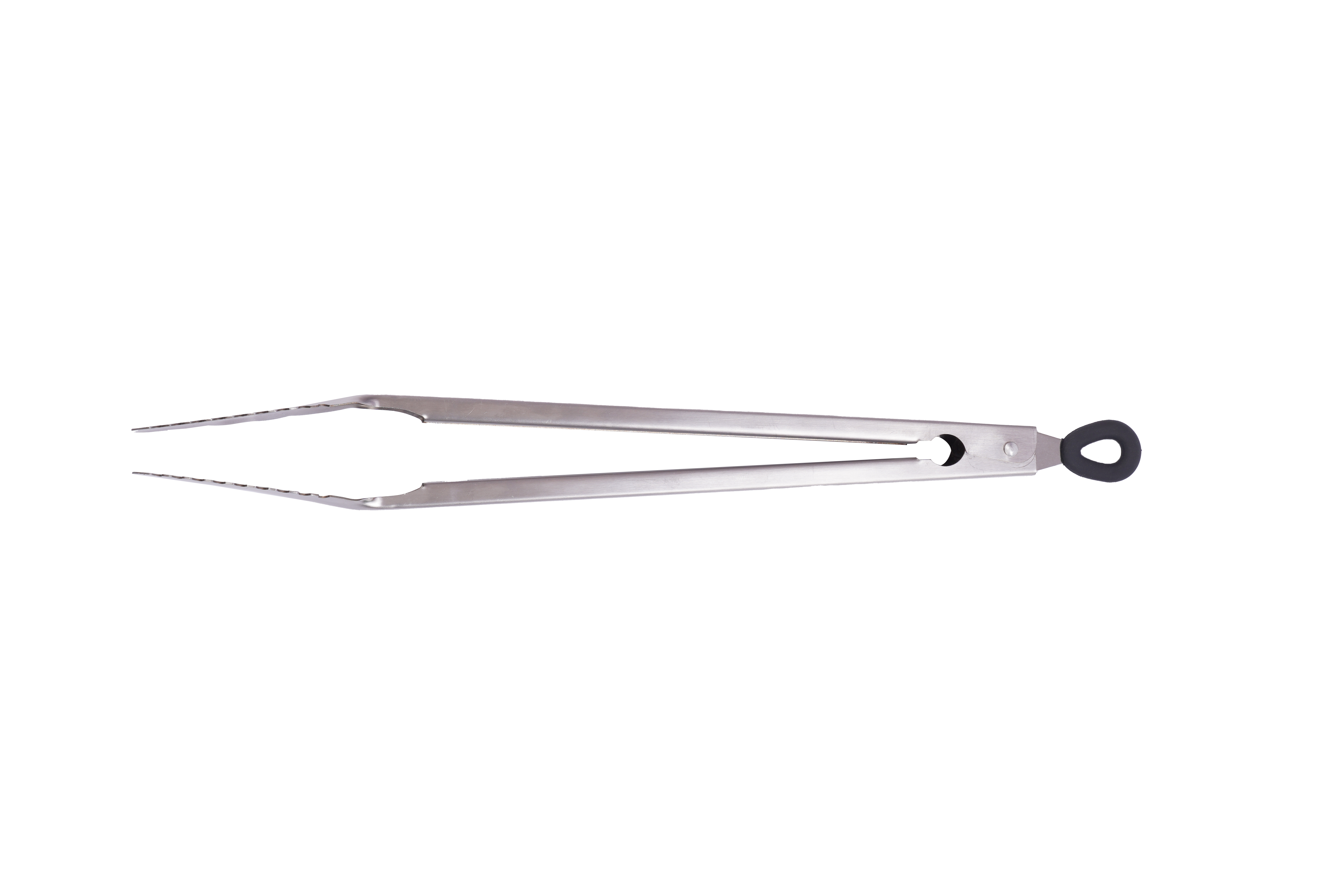 Eine Metall-Grillzange auf weißem Hintergrund. Sie hat einen schwarzen Griff und spitze Enden.