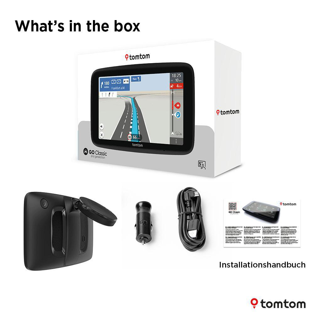 Ein TomTom-GPS-Gerät mit Zubehör: Halterung, Ladegerät und Kabel. Die Box enthält auch ein Handbuch.