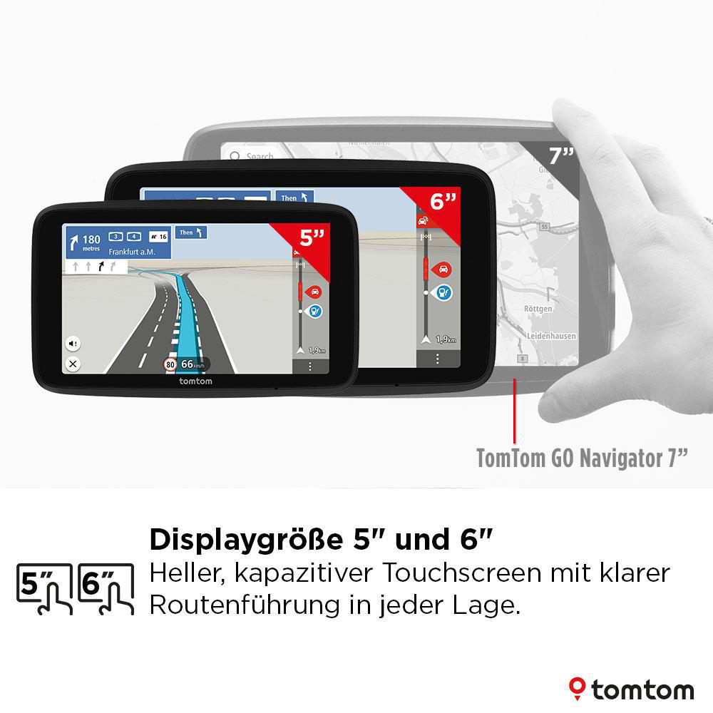TomTom GO Navigator mit 5", 6" und 7" Displays mit Navigationsrouten und einer Hand. Text: Displaygröße 5" und 6".