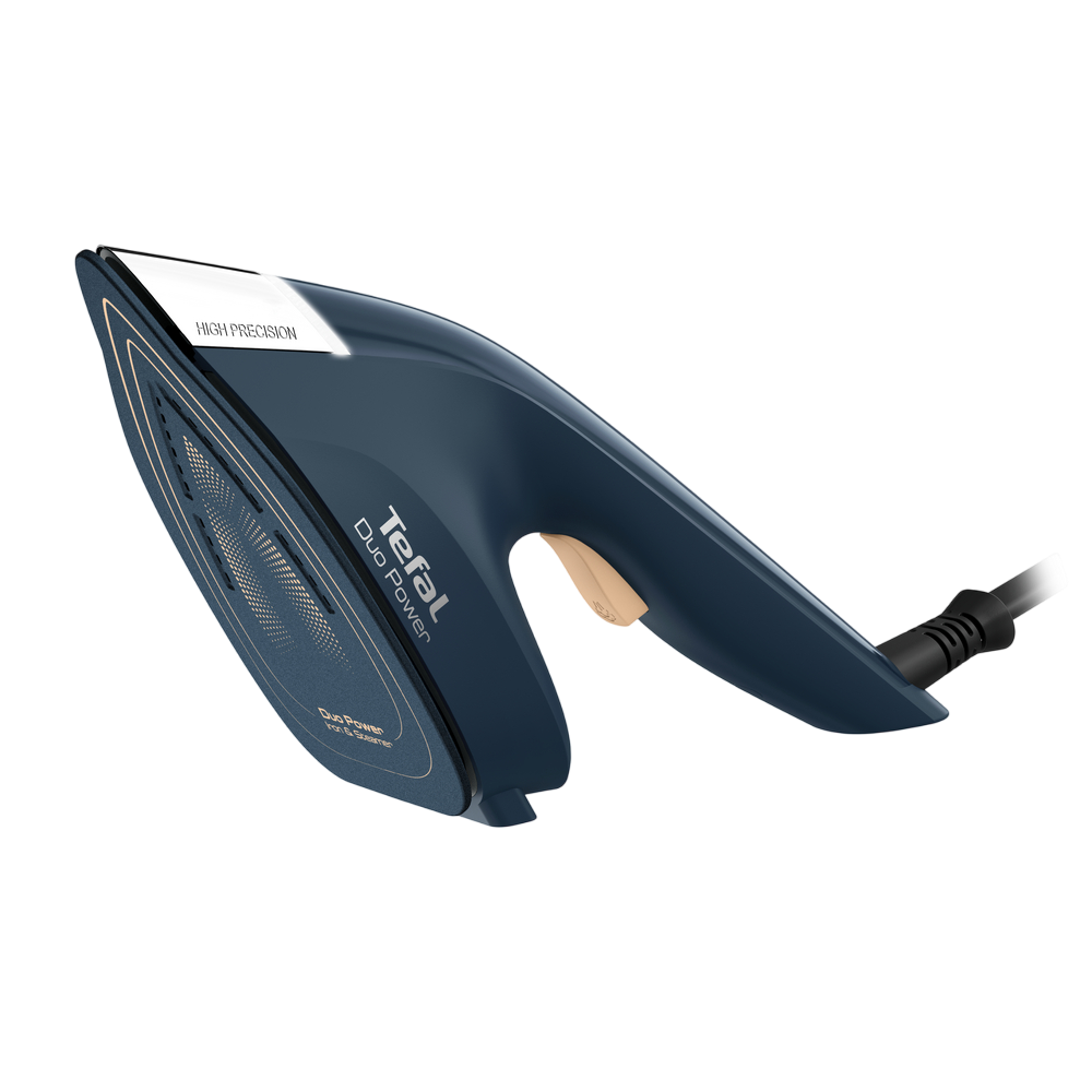 Ein blaues Tefal Duo Power Bügeleisen. Es hat einen beigen Griff und ein schwarzes Kabel. Die Wörter "High Precision" sind sichtbar.