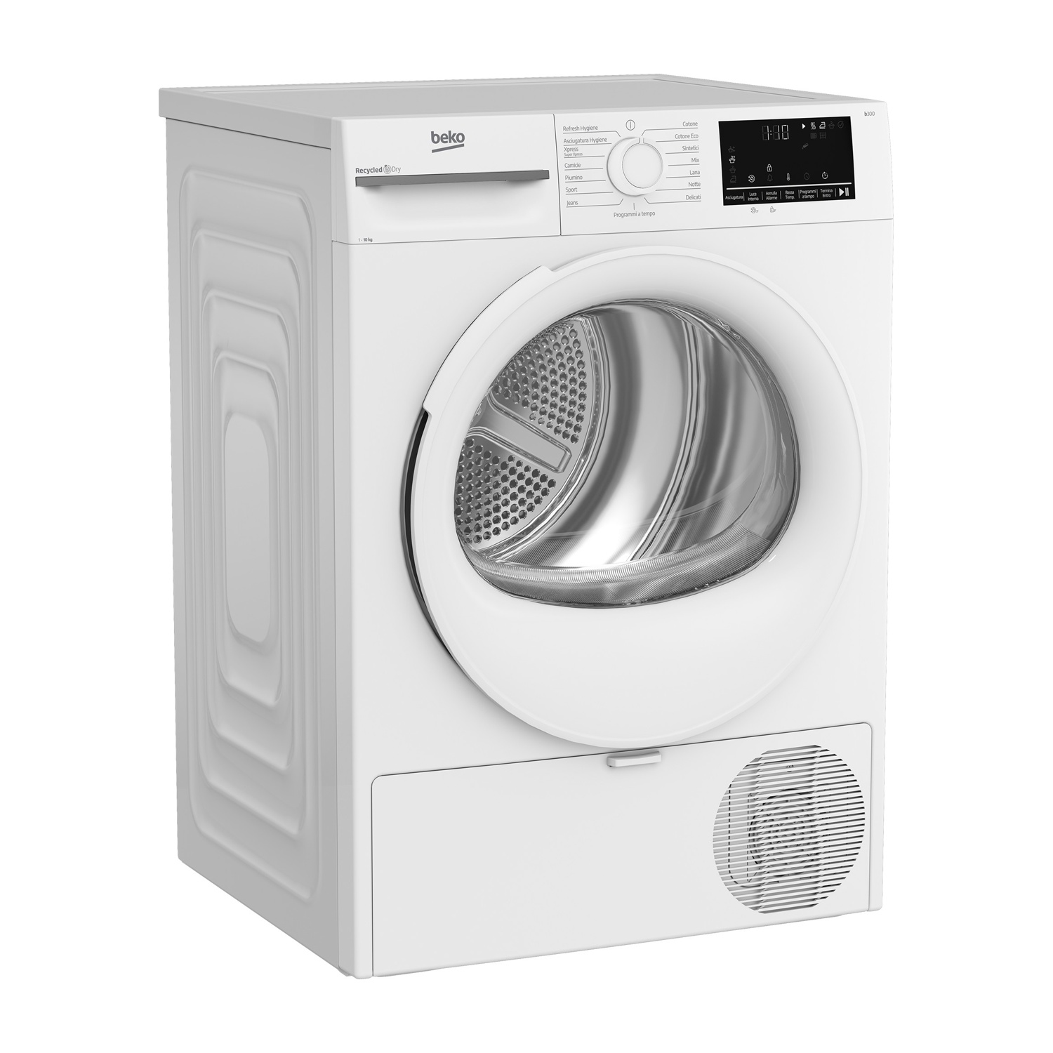 Un'asciugatrice Beko bianca. Ha un pannello di controllo, una porta circolare e un vano inferiore con sfiato. L'asciugatrice mostra l'ora.