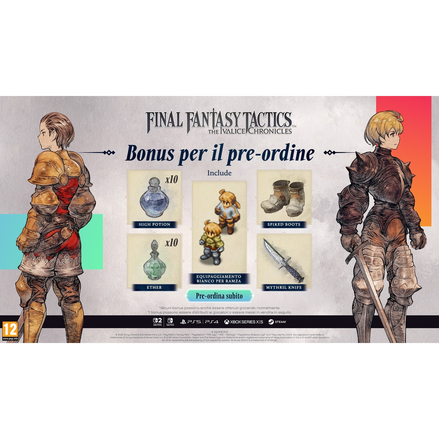 Poster per Final Fantasy Tactics. Mostra personaggi, bonus pre-ordine come pozioni e stivali e loghi del gioco.