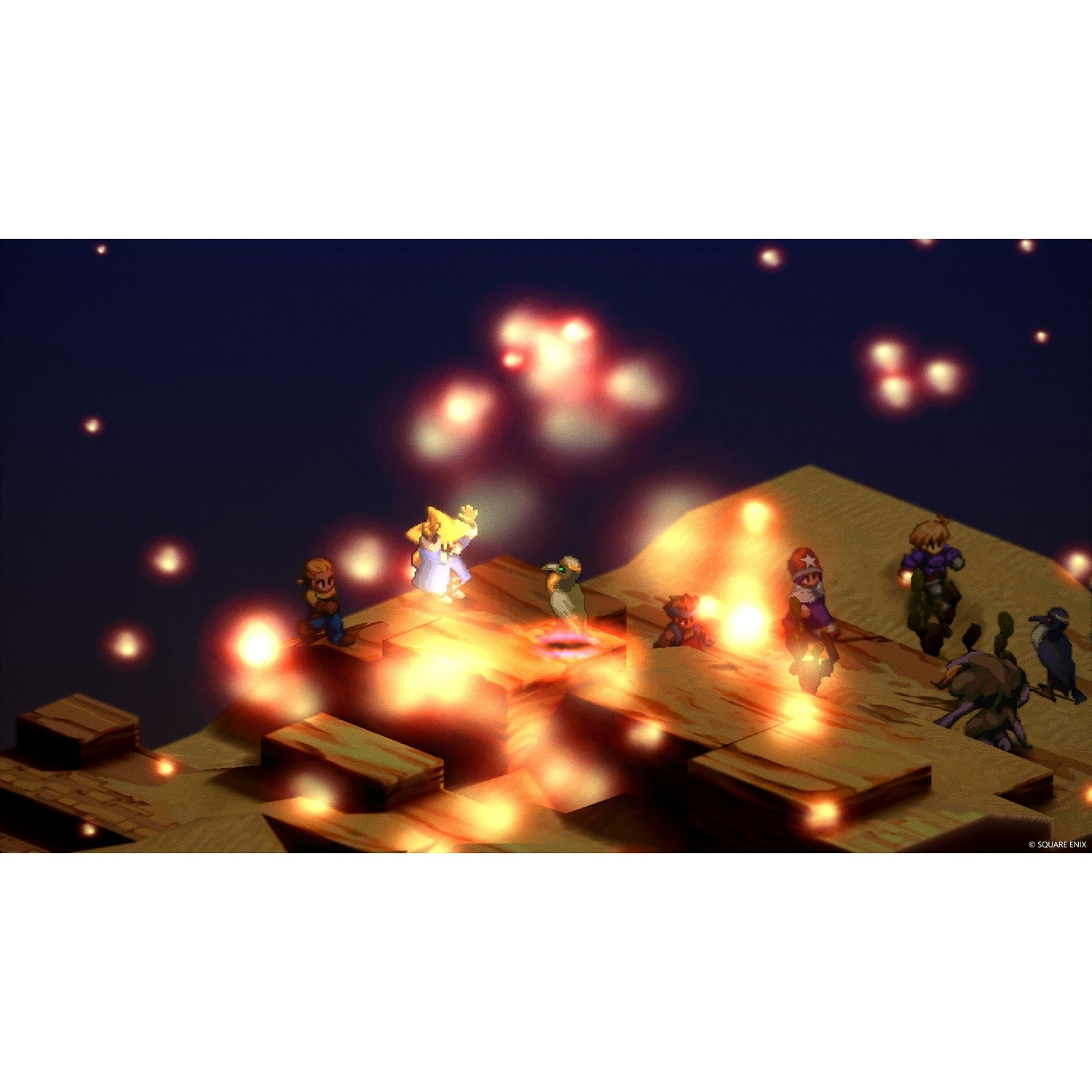 Vista isometrica di una scena di gioco. I personaggi sono in piedi su una piattaforma con luci luminose. Uno sfondo scuro ha più luci.