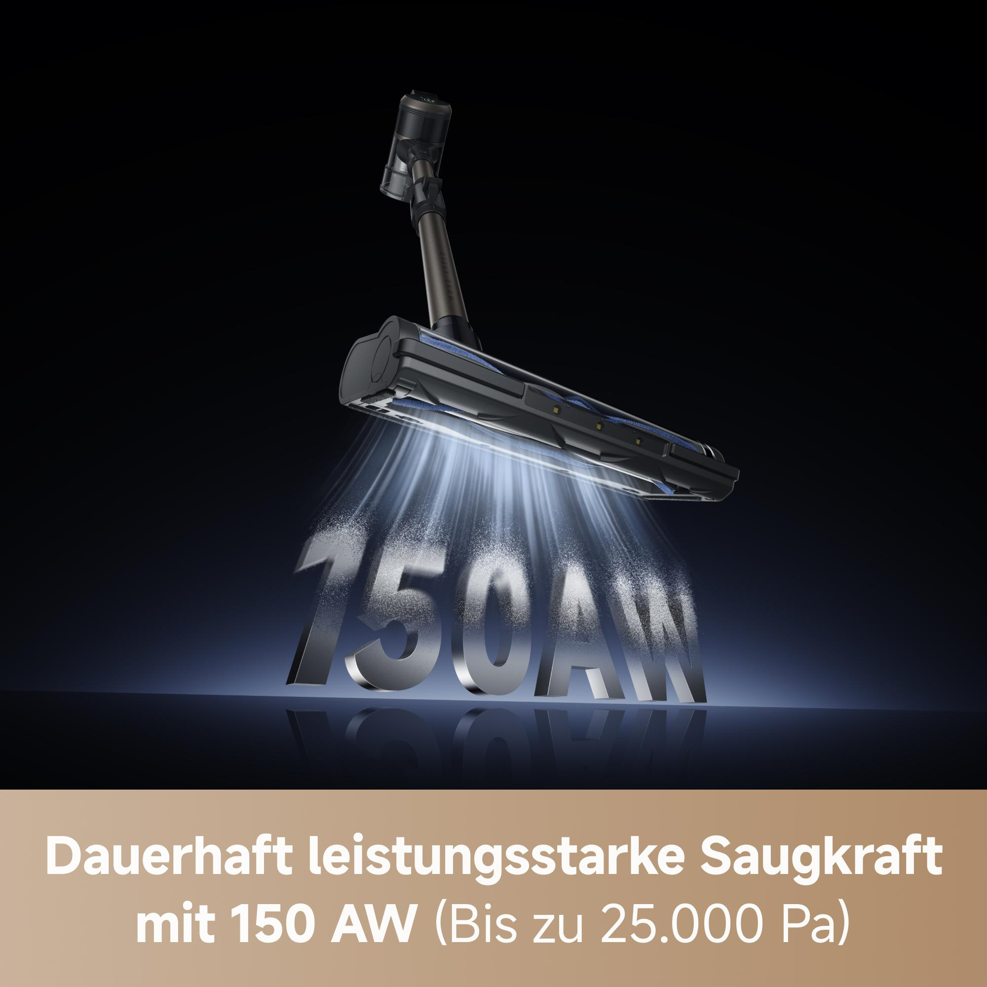 Ein Staubsaugerkopf mit blauen Akzenten strahlt weißes Licht aus und bildet den Text '150 AW'. Schwarzer Hintergrund und Text unten.