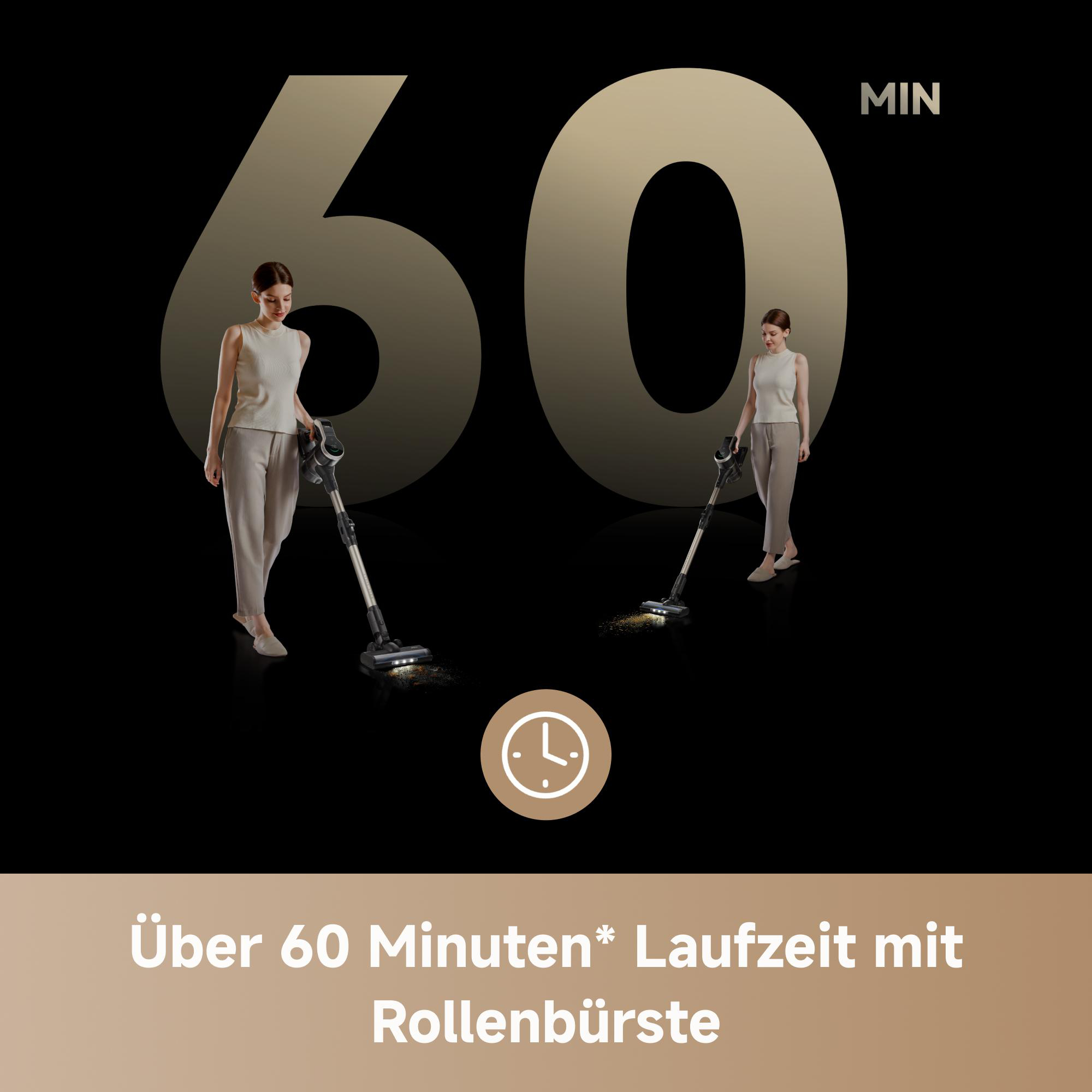 Zwei Frauen saugen mit einem kabellosen Staubsauger. Großes goldenes '60' mit 'MIN' darüber. Text unten. Schwarzer Hintergrund.