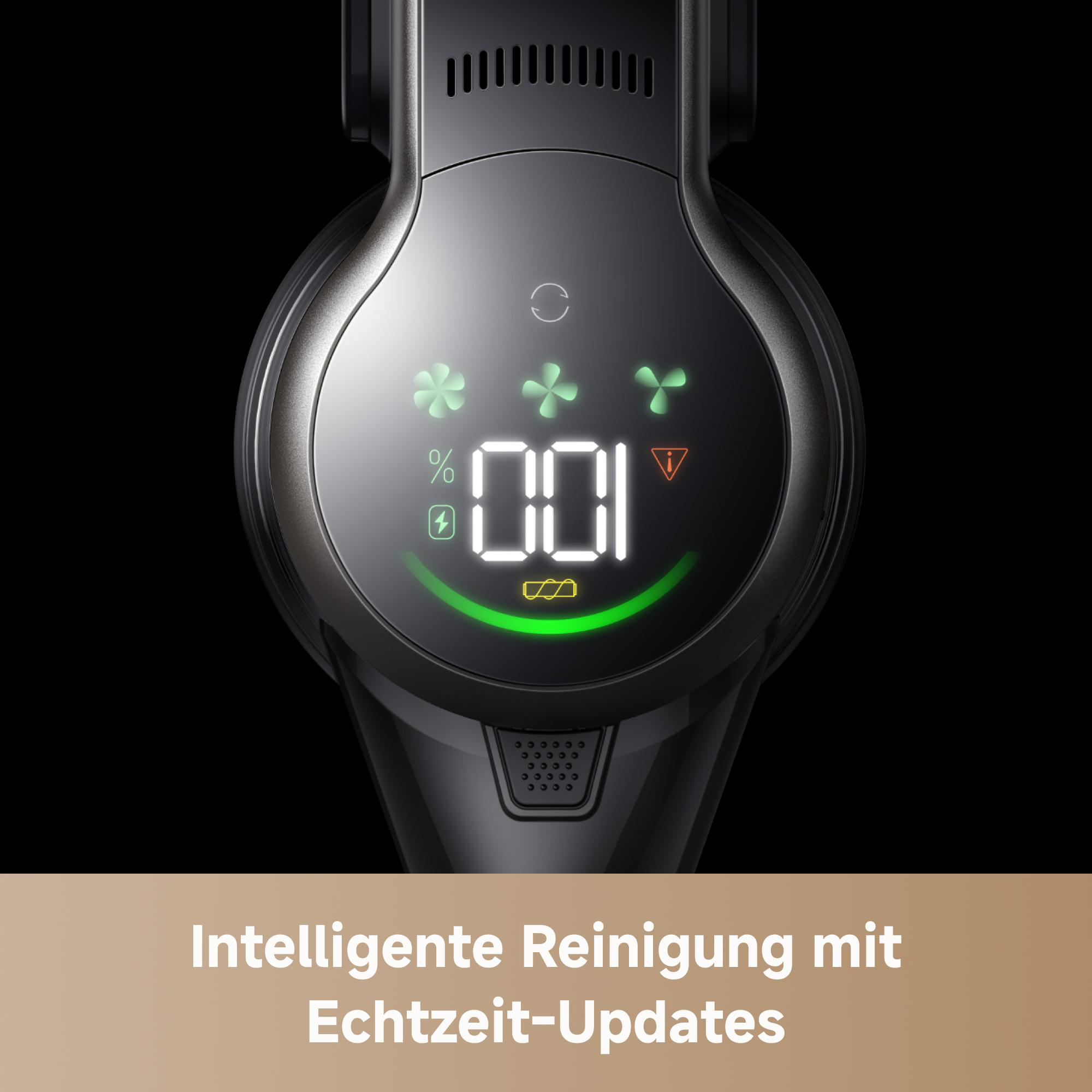Nahaufnahme eines Staubsauger-Displays. Es zeigt Leistung, Reinigungsmodus und Akku. Text lautet 'Intelligente Reinigung'.
