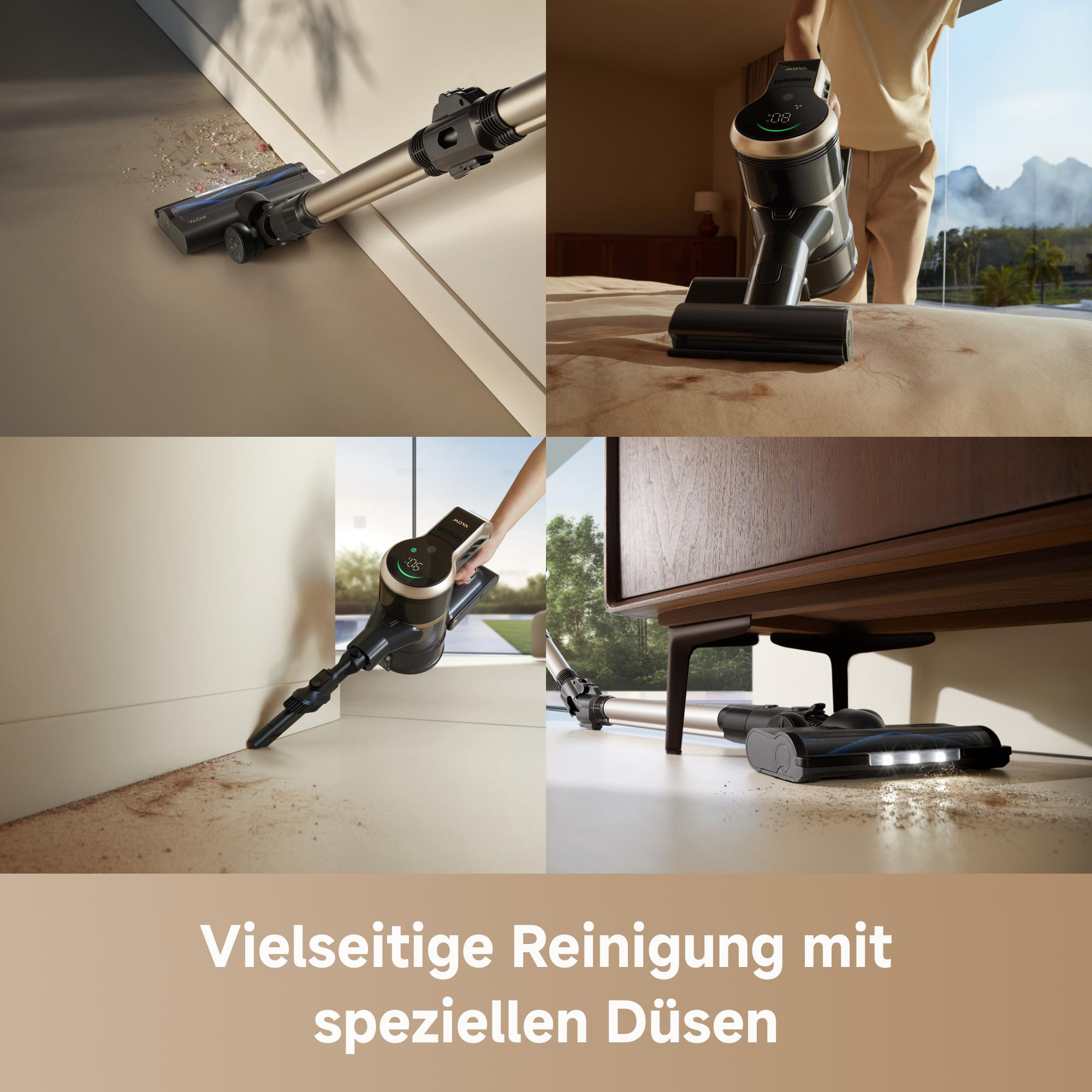 Vier Szenen zeigen einen Staubsauger im Einsatz. Er saugt Böden, Kanten und Möbel. Der Staubsauger ist schwarz und gold.