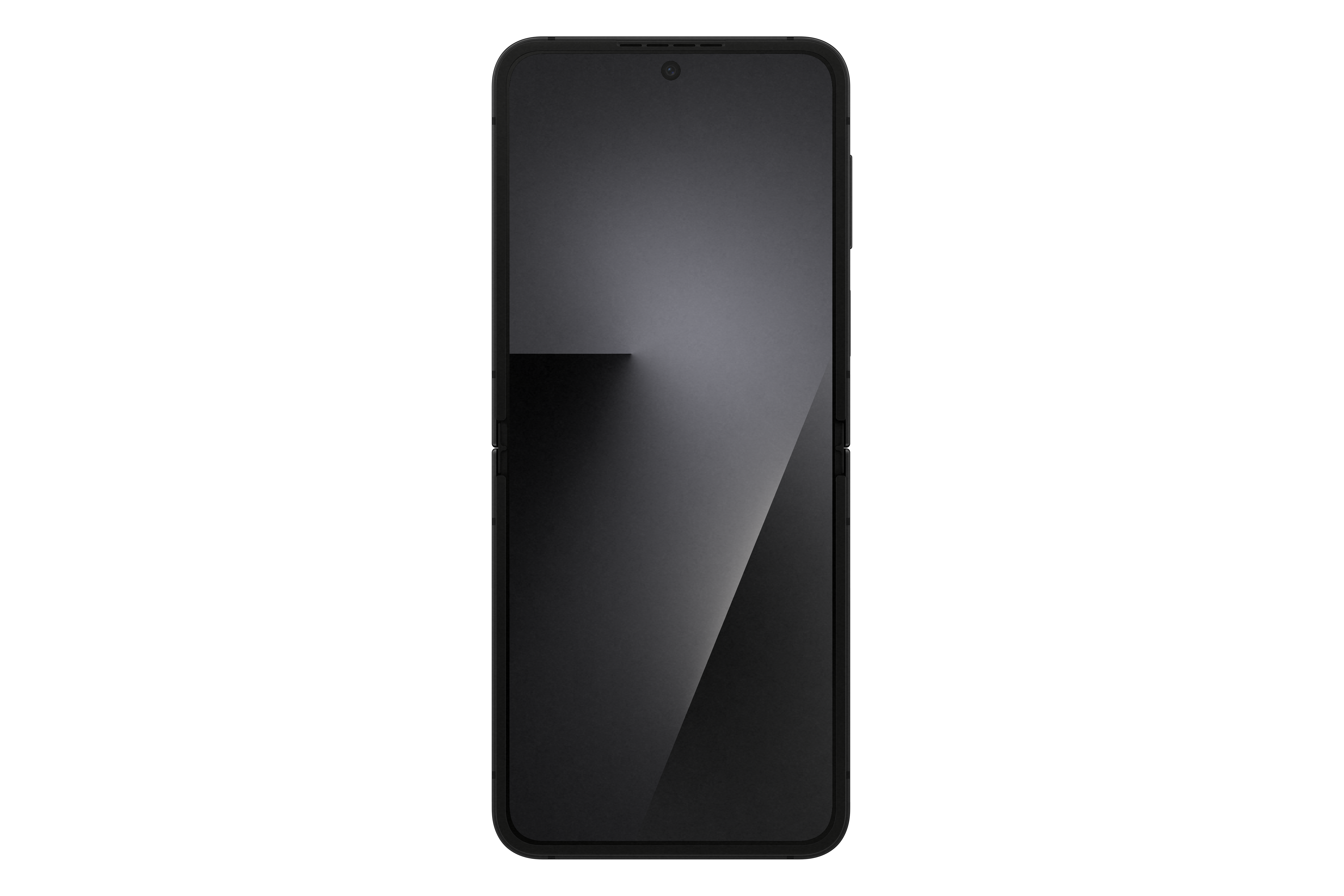 Ein geschlossenes, schwarzes, faltbares Smartphone. Der Bildschirm ist schwarz, der Rahmen dunkel. Der Hintergrund ist weiß.