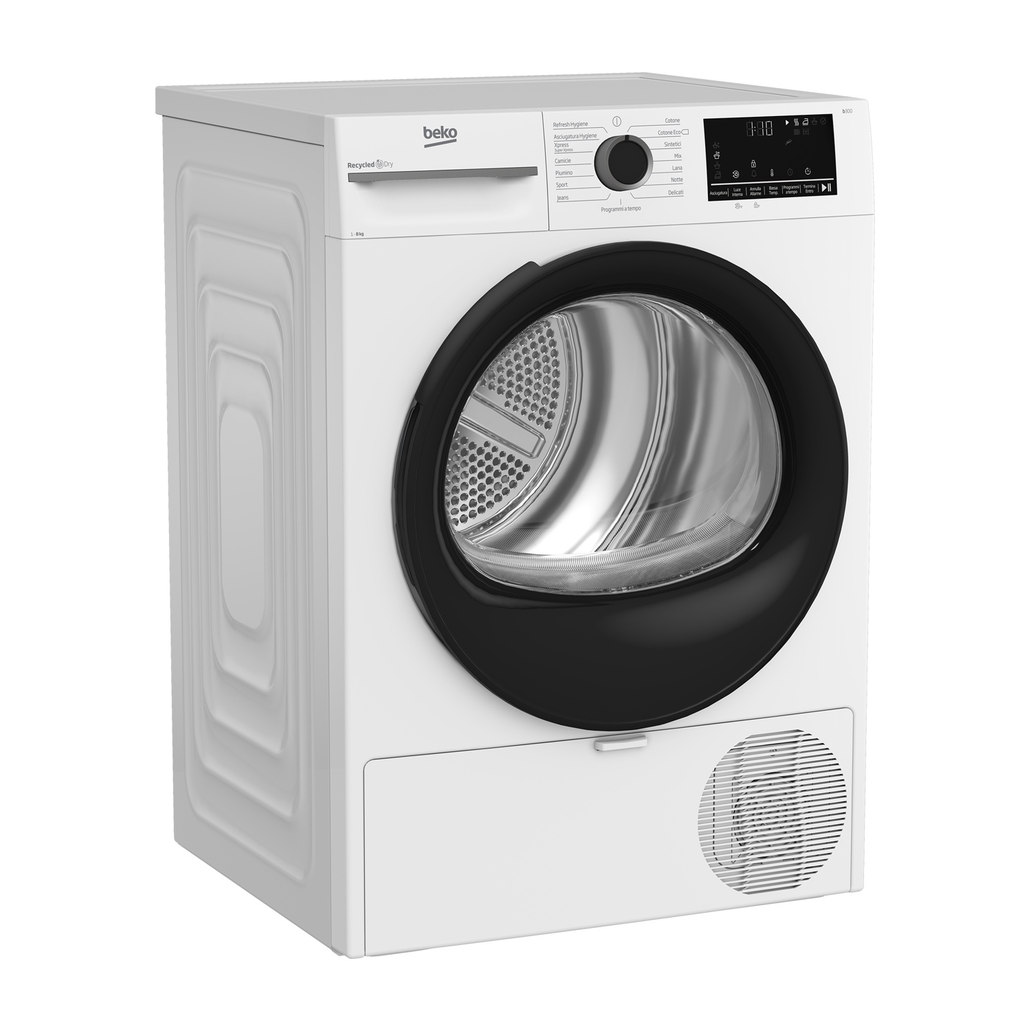 Un'asciugatrice Beko bianca con telaio della porta nero. Ha un pannello di controllo e un display digitale che mostra un'ora.