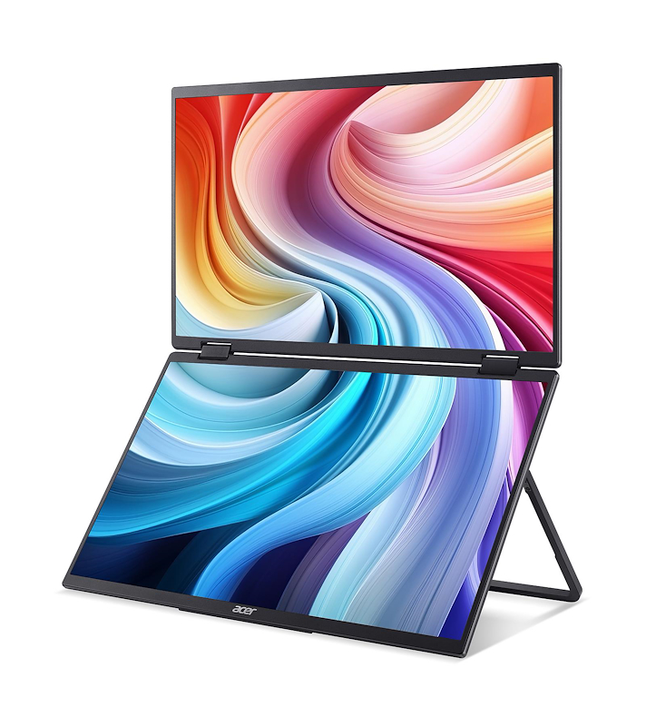 Portátil Acer negro en modo tableta. La pantalla muestra arte abstracto colorido. El portátil está sobre un fondo blanco.