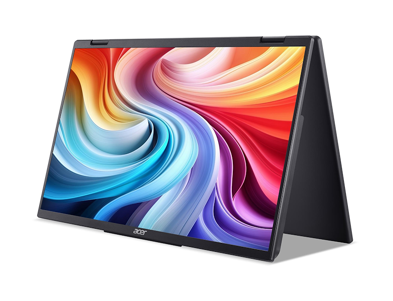 Portátil Acer negro sobre blanco. La pantalla muestra ondas abstractas coloridas. El portátil está parcialmente abierto.