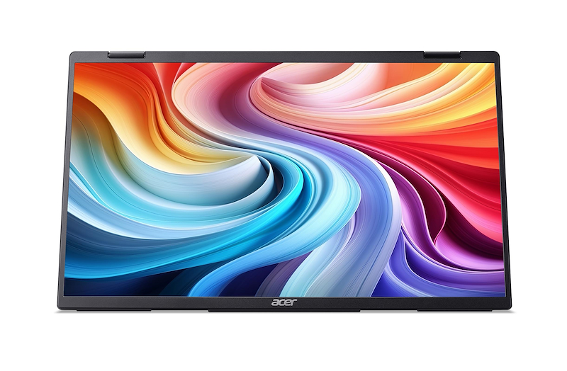 Una computadora portátil Acer muestra un diseño colorido y abstracto. La pantalla está enmarcada por un bisel oscuro. El logotipo de Acer está en la parte inferior.