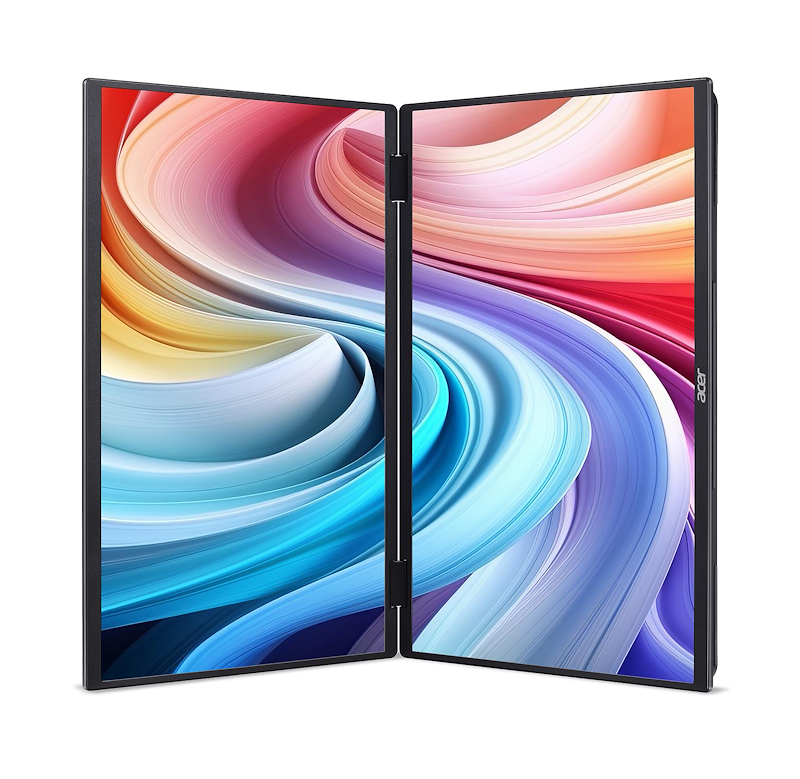 Un portátil de doble pantalla con un fondo de pantalla abstracto y colorido. Las pantallas están abiertas, mostrando un patrón de azules, naranjas y blancos.