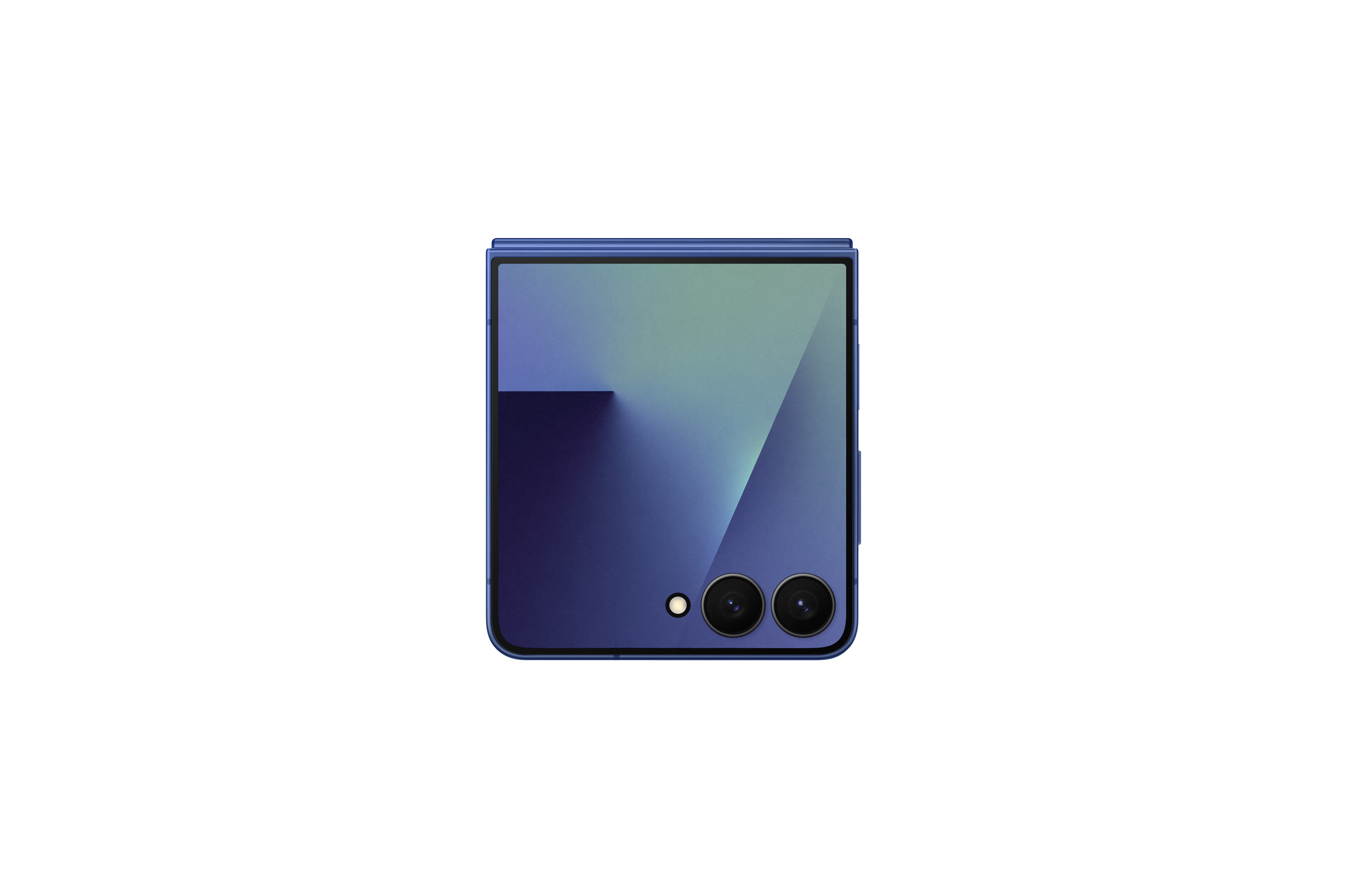 Ein blaues, faltbares Smartphone steht auf weißem Grund im Zentrum. Es hat einen Bildschirm mit Farbverläufen und zwei Kameralinsen.